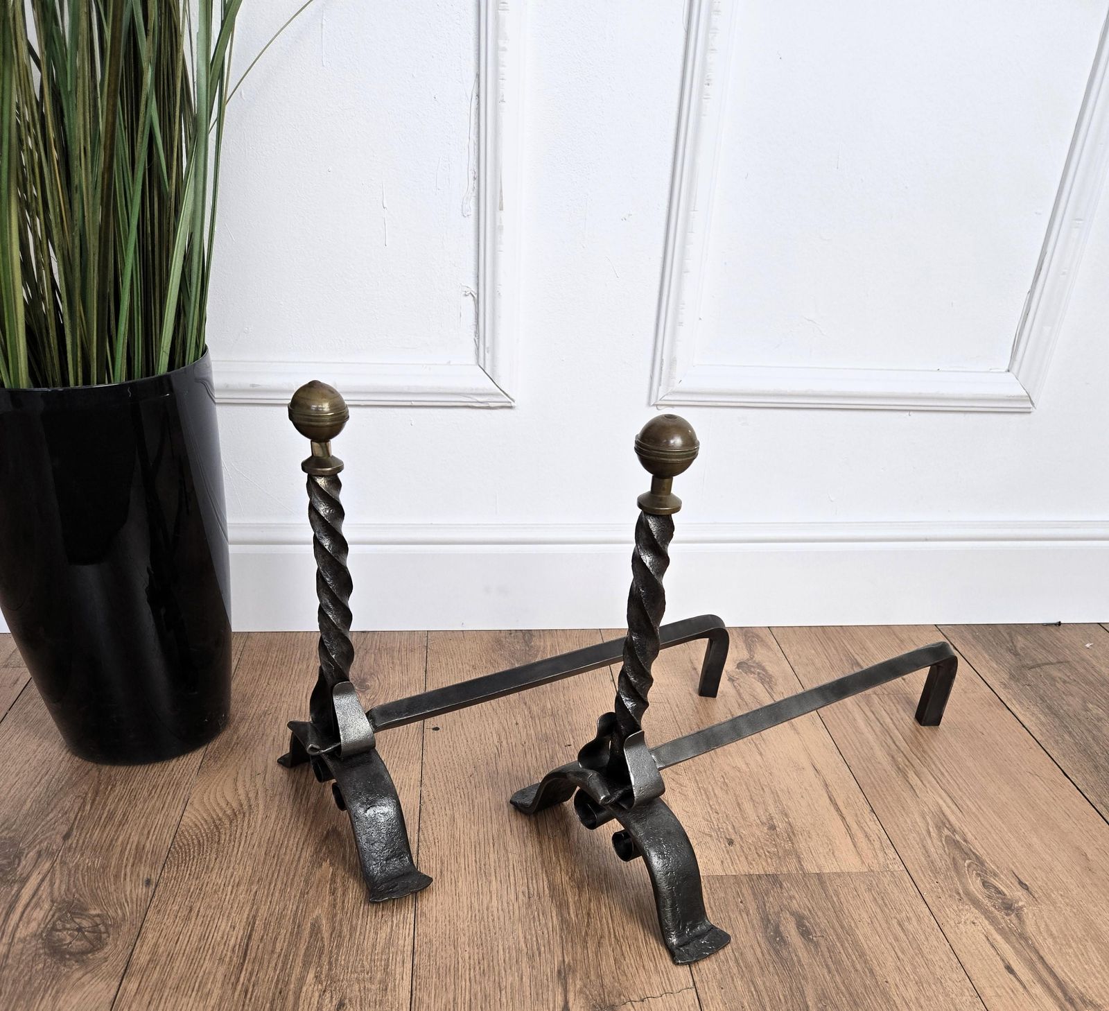 Pair Of Antique Italian Turned Wrought Iron Andirons Fireplace Log Holder photo 886.0