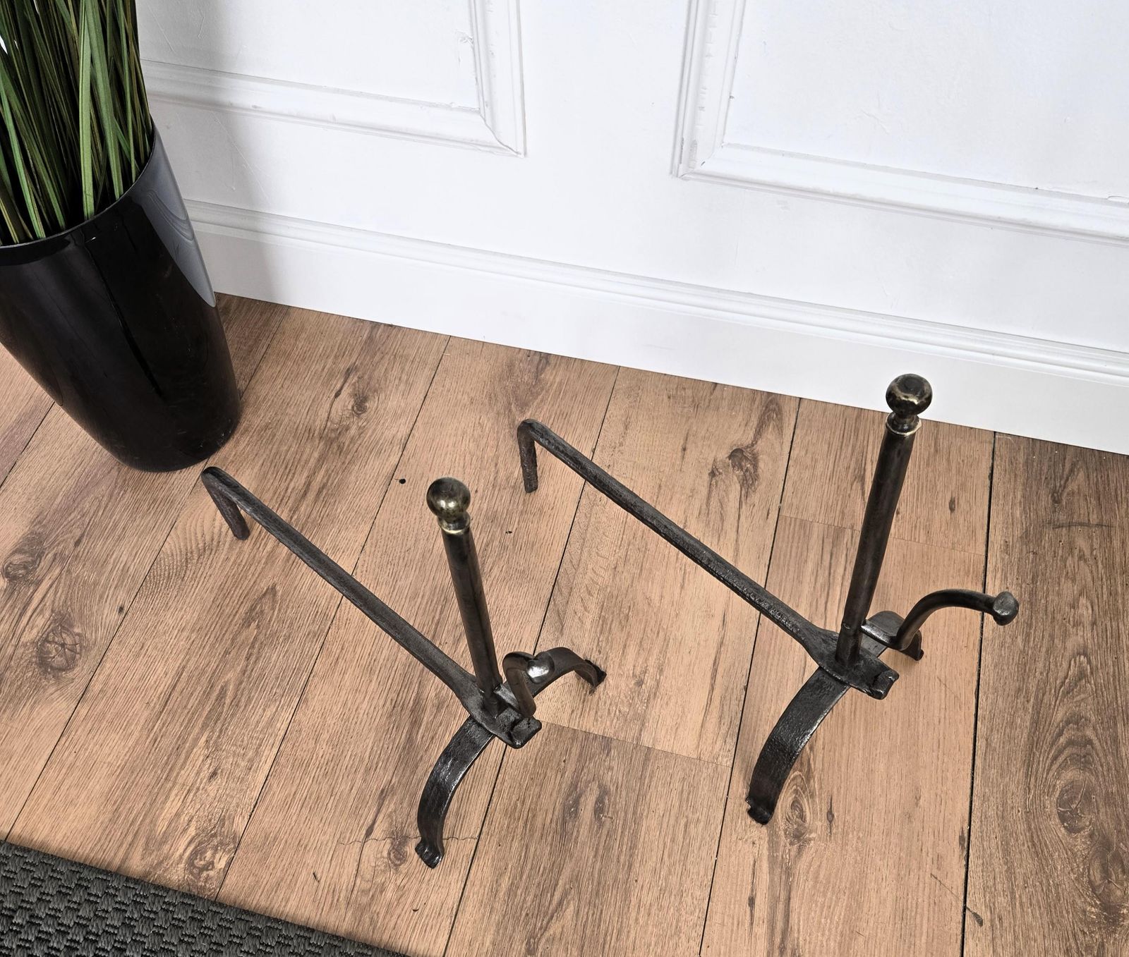 Pair Of Antique Italian Wrought Iron Andirons Fireplace Log Holder photo buy