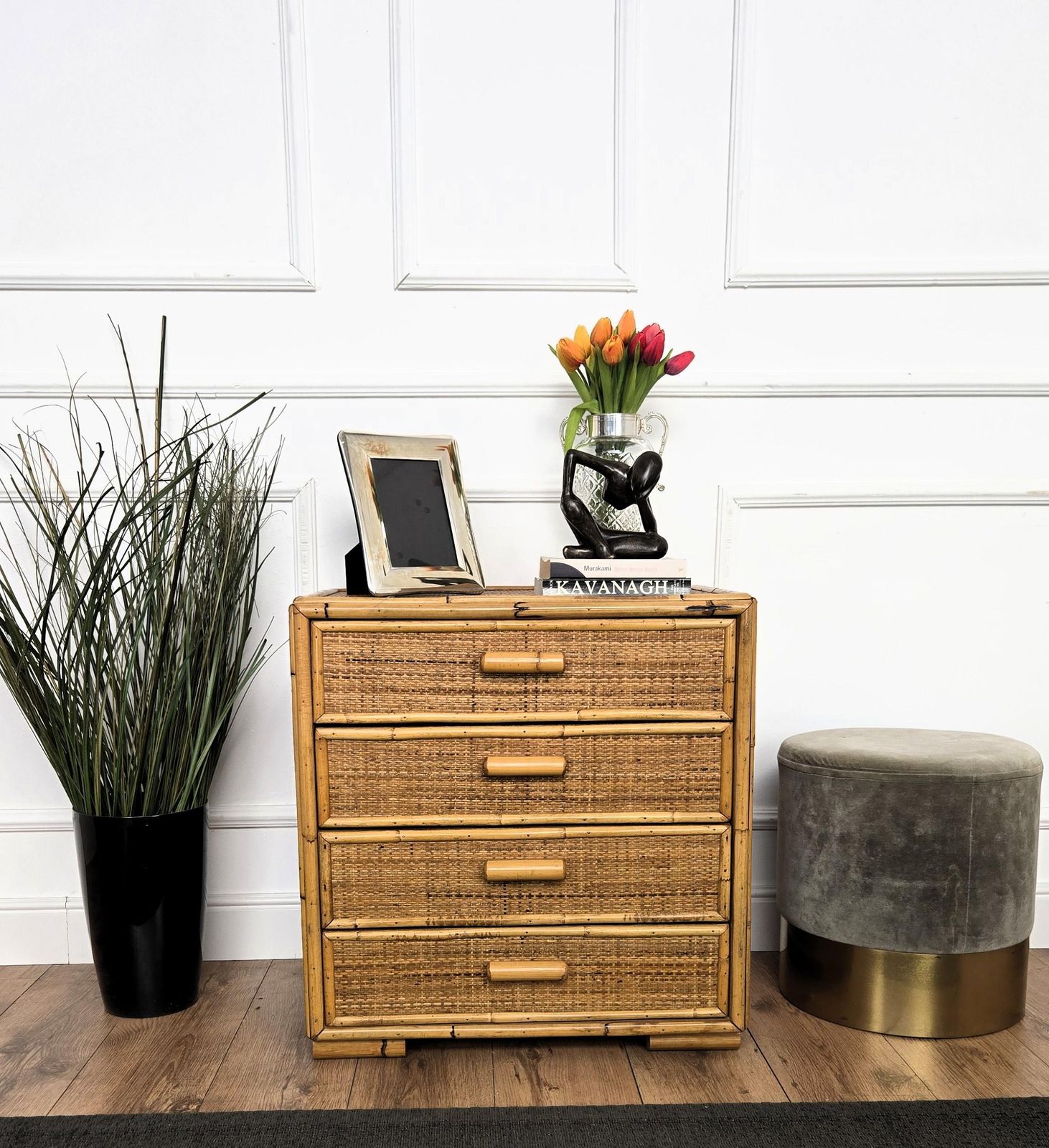 1960s Italian Bamboo & Rattan Bohemian French Riviera Commode Four Drawers Chest photo for sale