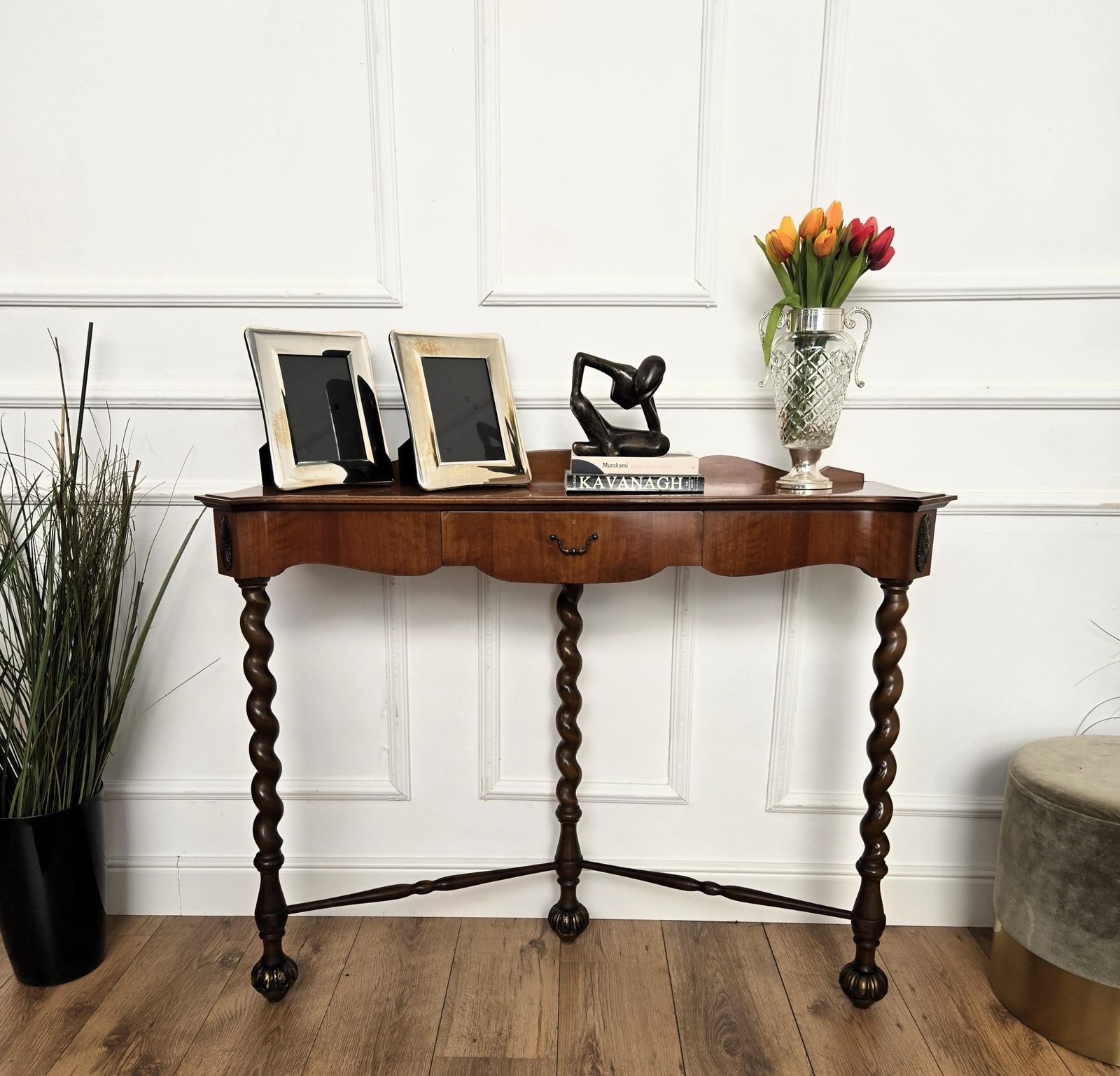 1960s Mid Century Modern Italian Barley Twisted Wood Wall Console Table photo furniture