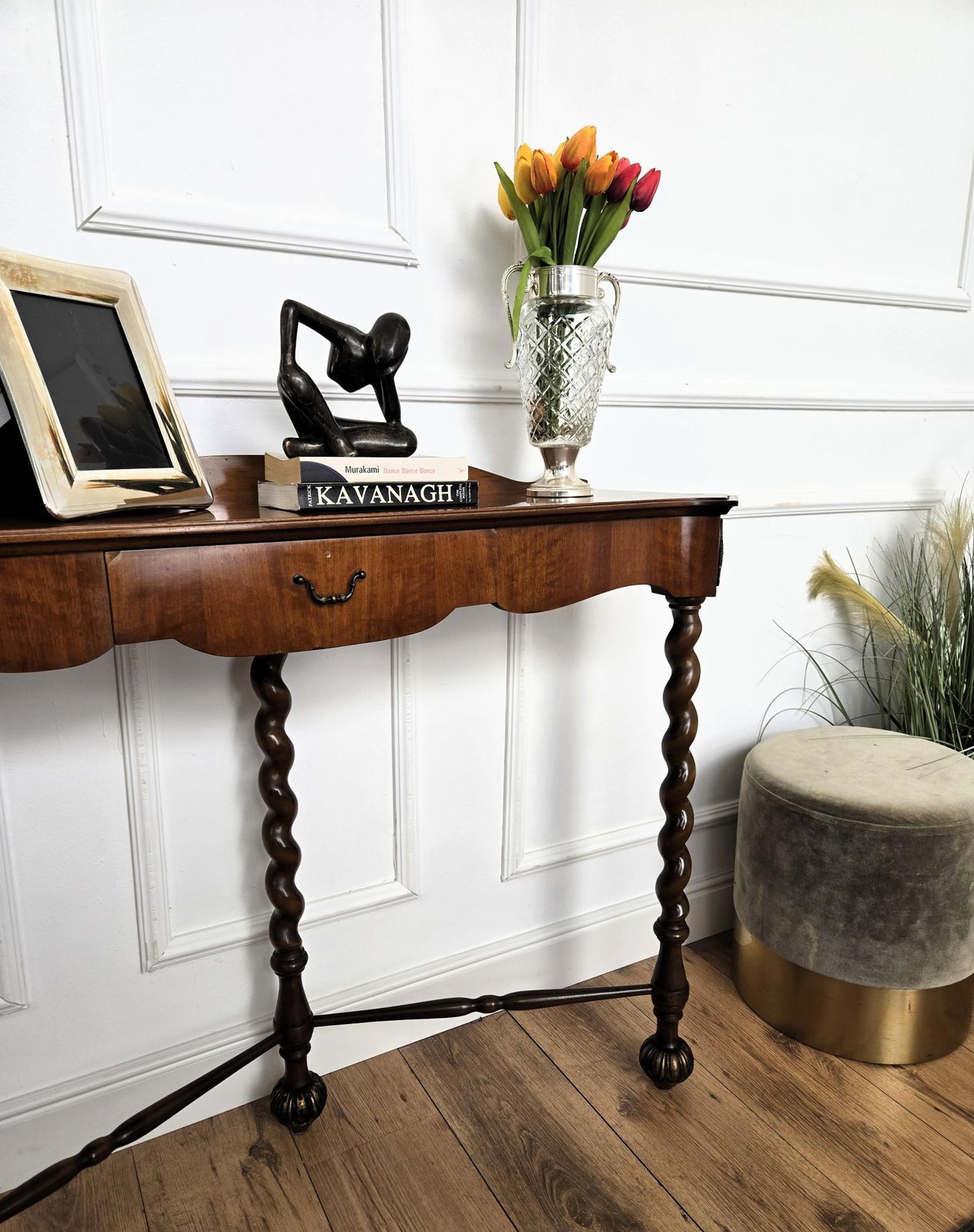 1960s Mid Century Modern Italian Barley Twisted Wood Wall Console Table photo vinterior