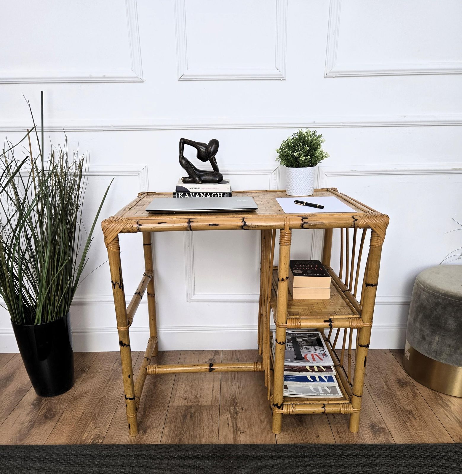 Mid Century Bamboo, Wood And Rattan Writing Table Desk With Chair, Italy 1970s photo vinterior