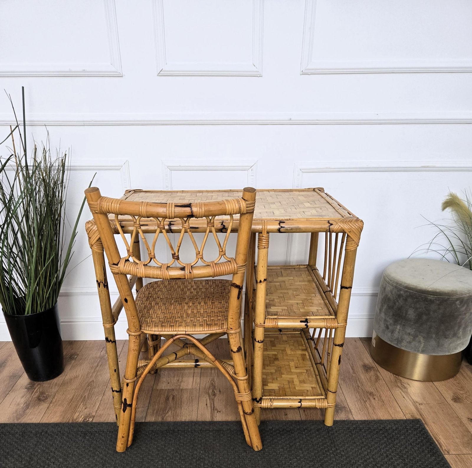photo furniture Mid Century Bamboo, Wood And Rattan Writing Table Desk With Chair, Italy 1970s