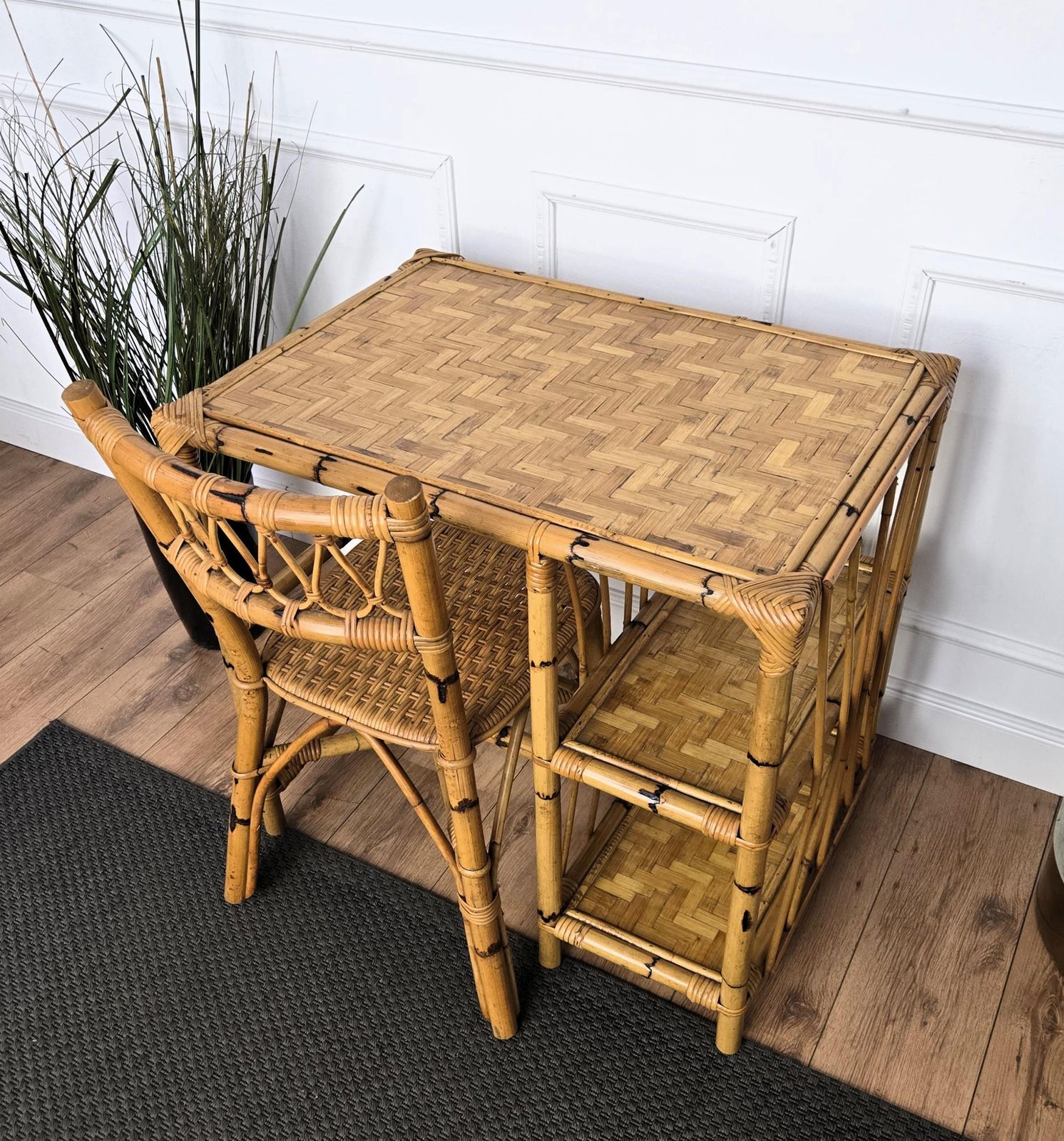 photo for sale Mid Century Bamboo, Wood And Rattan Writing Table Desk With Chair, Italy 1970s