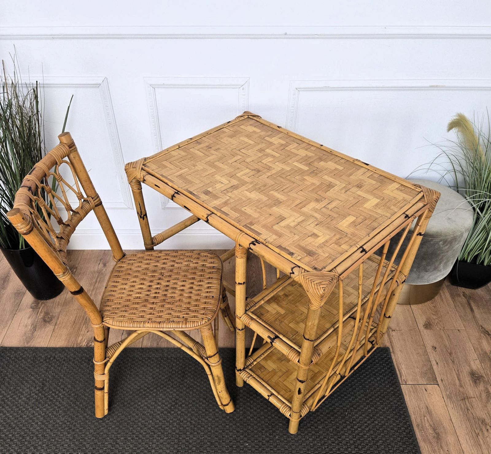 Furniture Mid Century Bamboo, Wood And Rattan Writing Table Desk With Chair, Italy 1970s photo