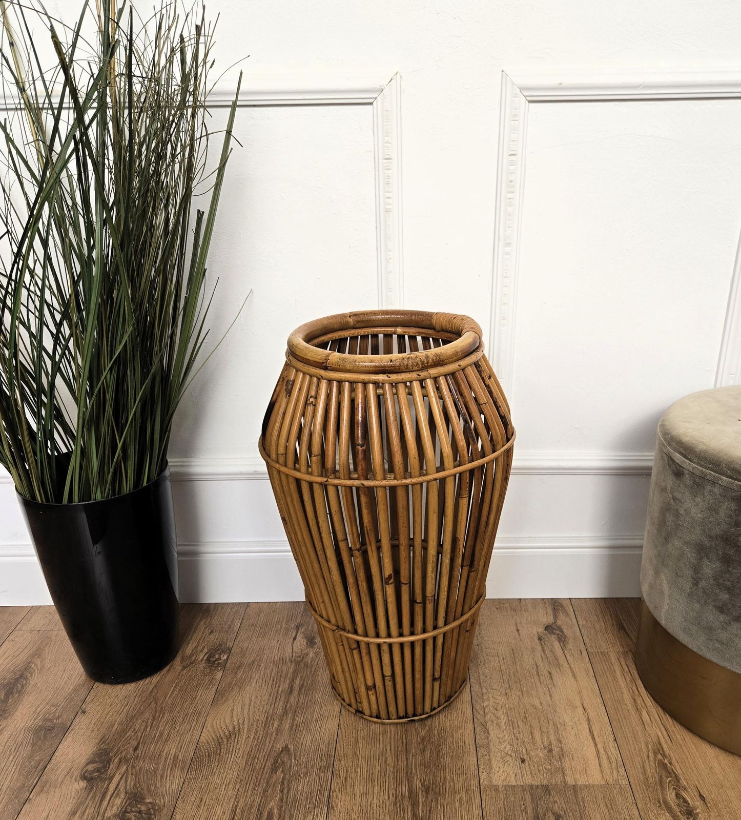 1960s, Italian Bamboo Rattan Bohemian French Riviera Umbrella Stand Rack photo vinterior