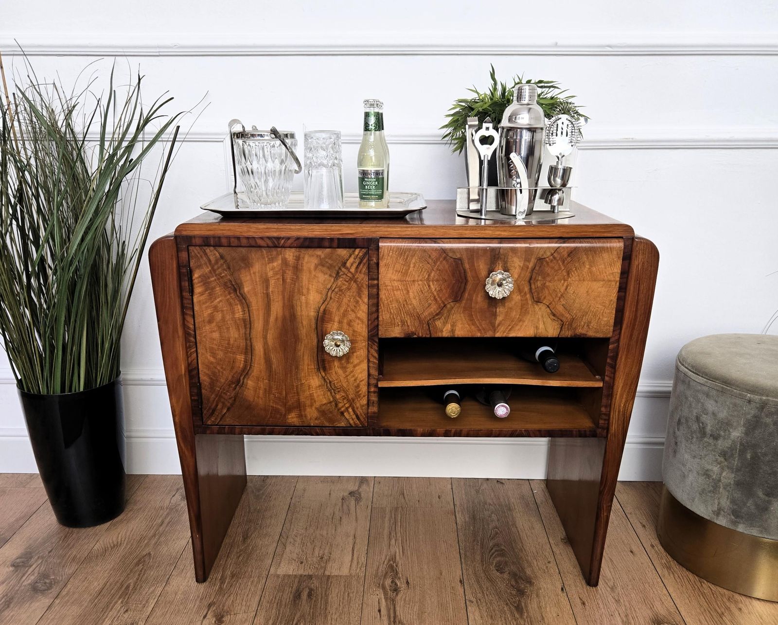 Italian 1940s Art Deco Midcentury Walnut Waterfall Dry Bar Cocktail Cabinet photo furniture