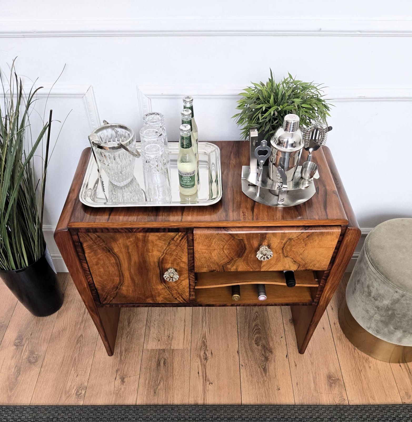 Italian 1940s Art Deco Midcentury Walnut Waterfall Dry Bar Cocktail Cabinet photo Furniture