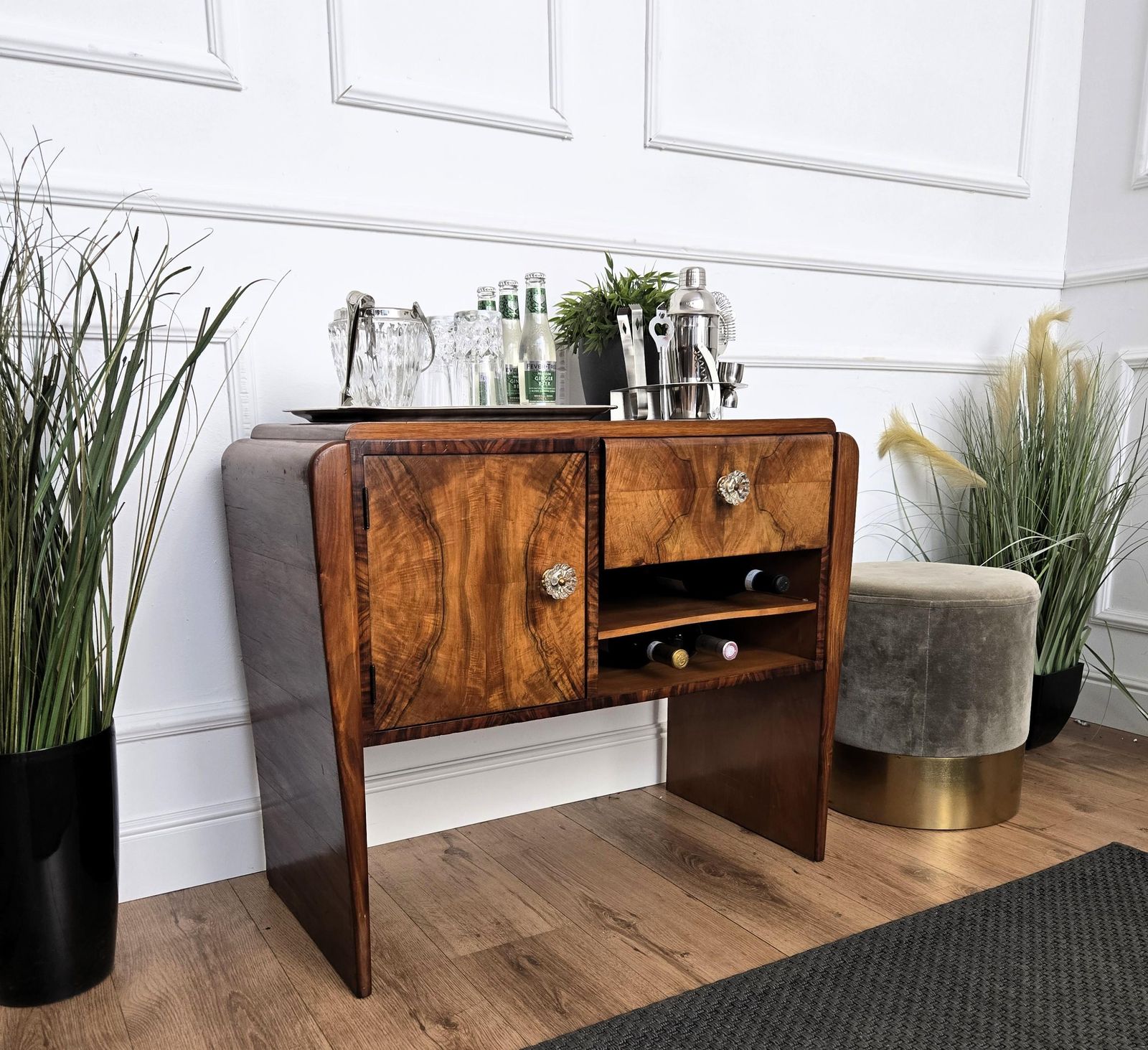 Italian 1940s Art Deco Midcentury Walnut Waterfall Dry Bar Cocktail Cabinet photo 1700.0