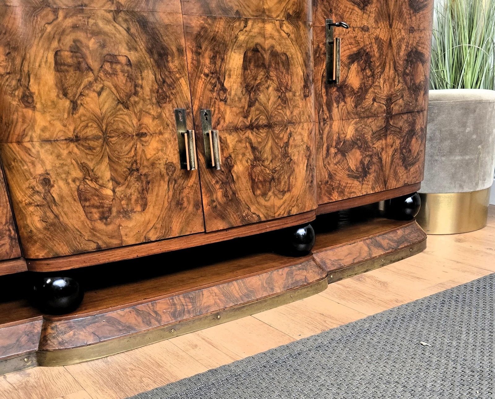 photo furniture 1940s Art Deco Mid Century Italian Walnut Burl Brass Sideboard Buffet Credenza
