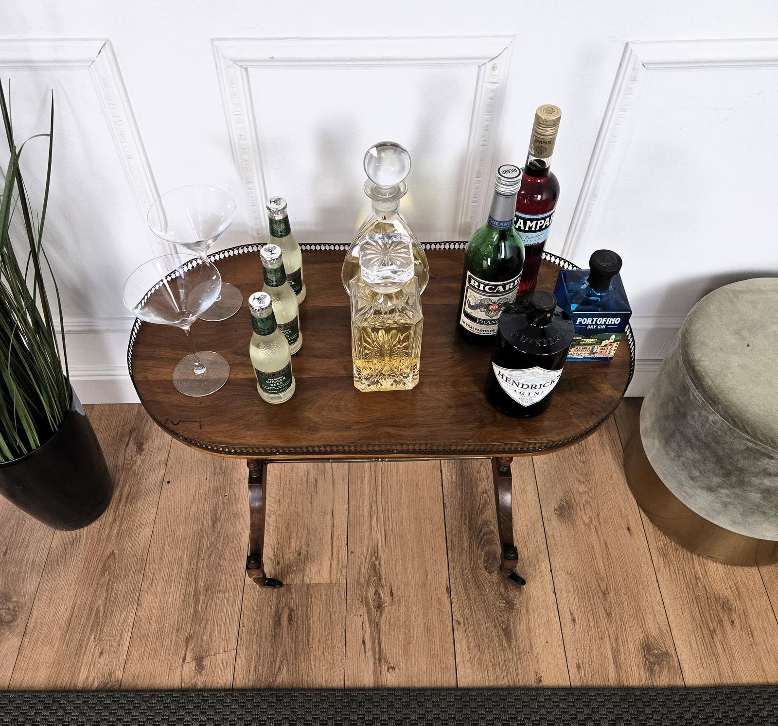 Mid Century Modern Italian Brass Wood Bar Cocktail Side Table Cart photo for sale