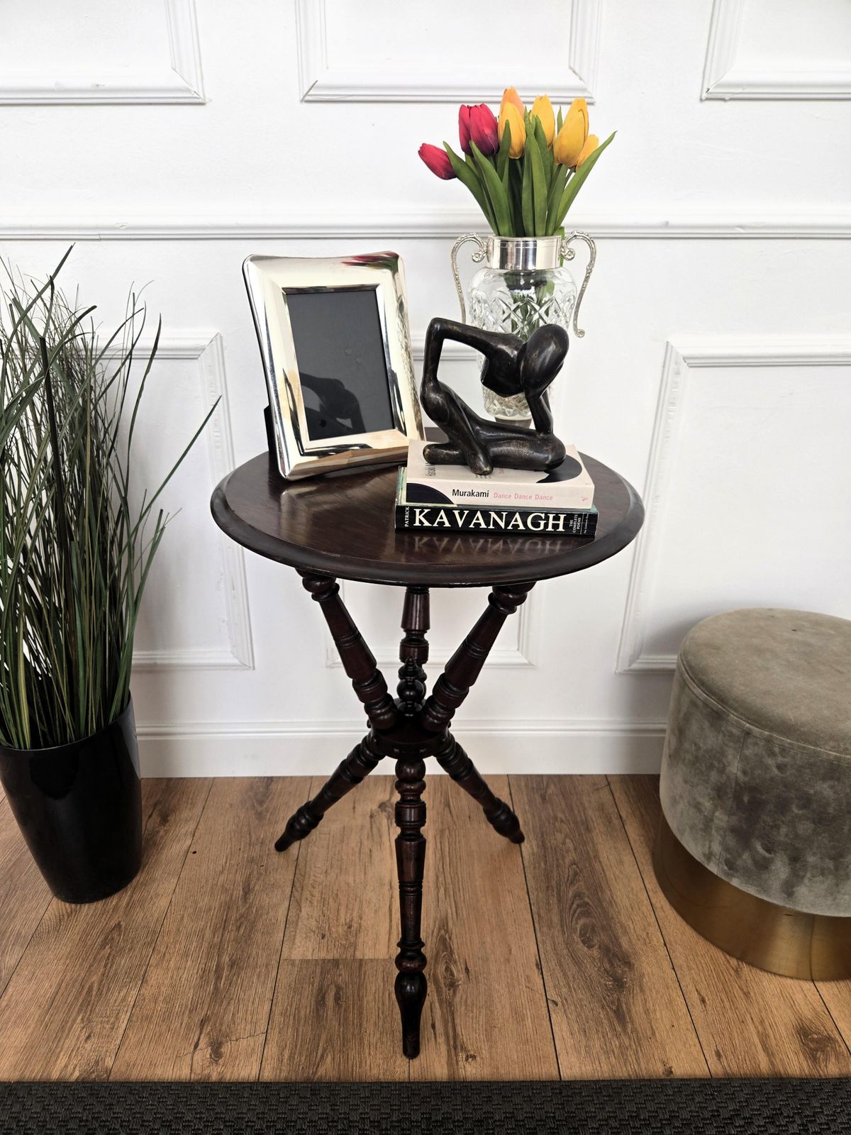 Antique Italian Round Walnut Tripod Side Table With Carved Bun Stretcher photo furniture