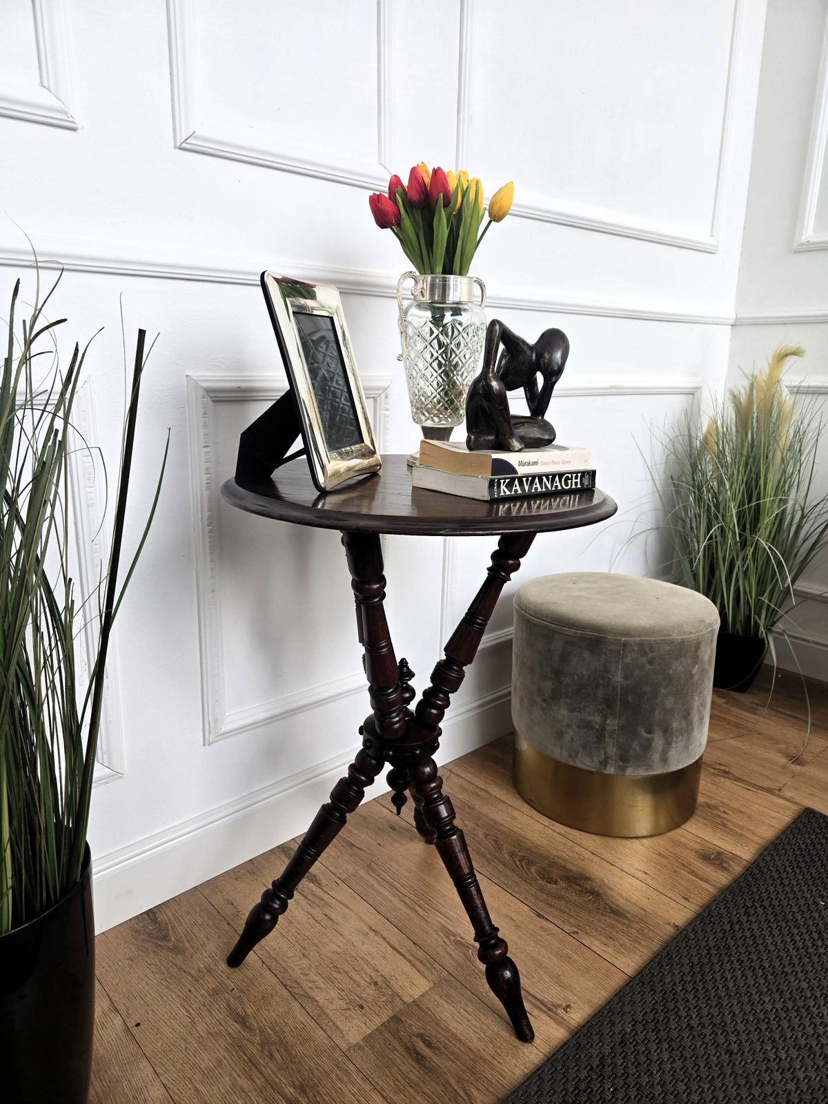 Antique Italian Round Walnut Tripod Side Table With Carved Bun Stretcher photo for sale