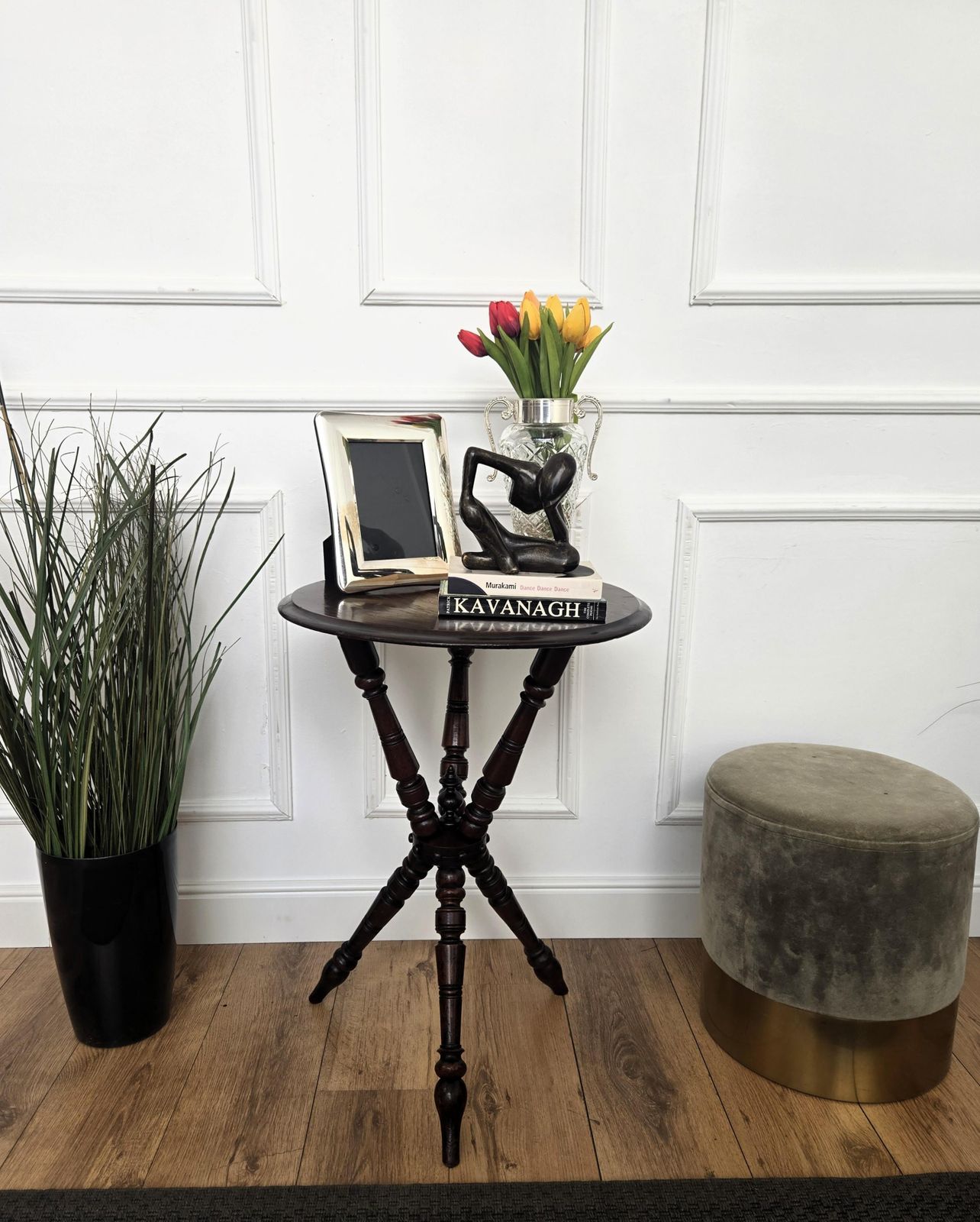 Antique Italian Round Walnut Tripod Side Table With Carved Bun Stretcher photo Furniture