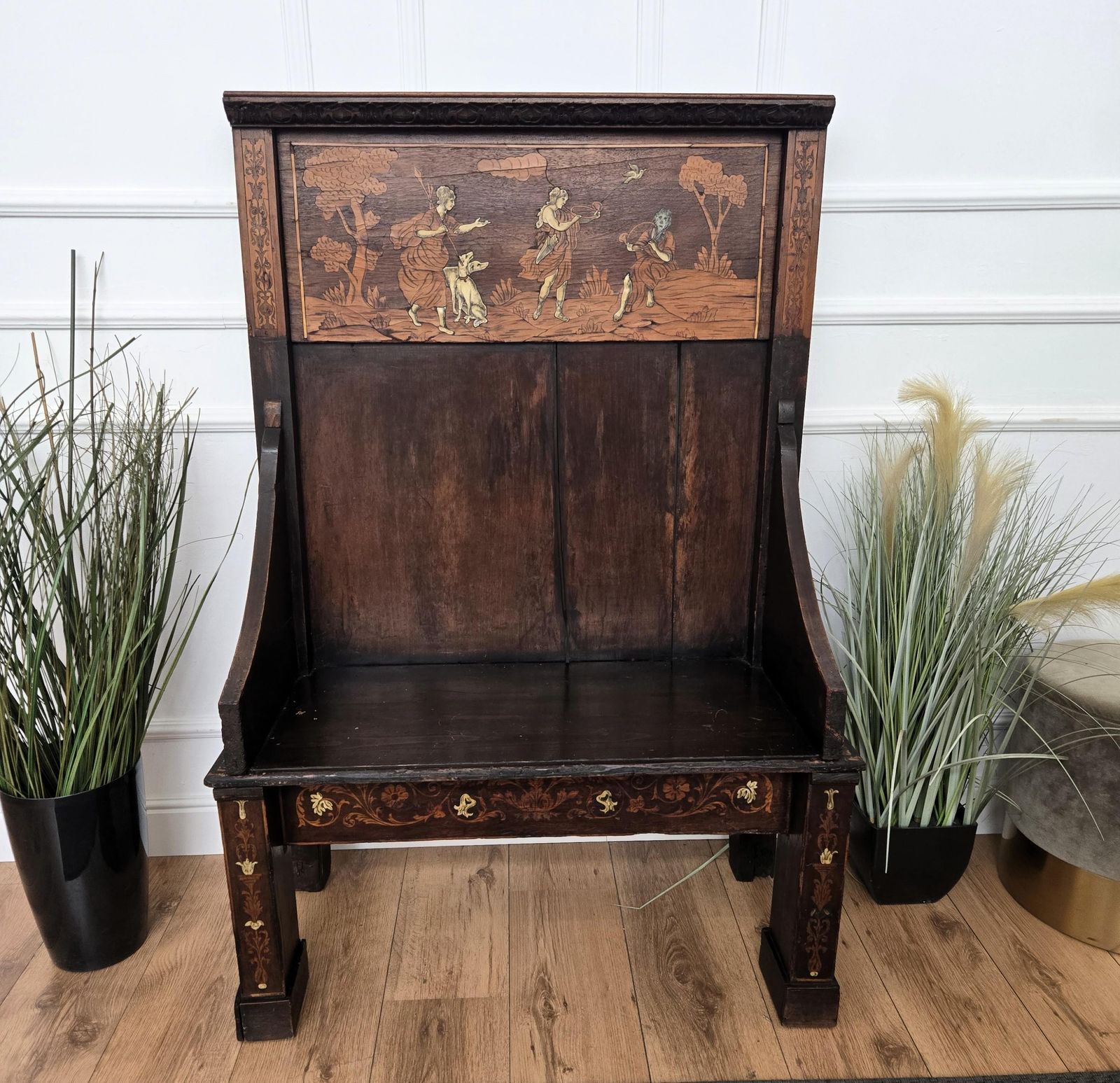 Antique Italian Primitive Rustic Country Marquetry Inlay Wooden Bench photo Furniture