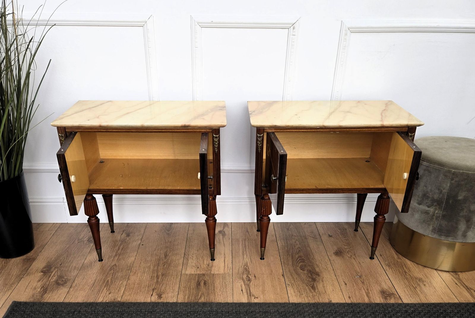 Pair Of Italian Art Deco Burl Veneer Wood Marble Top Night Stands Bedside Tables photo buy