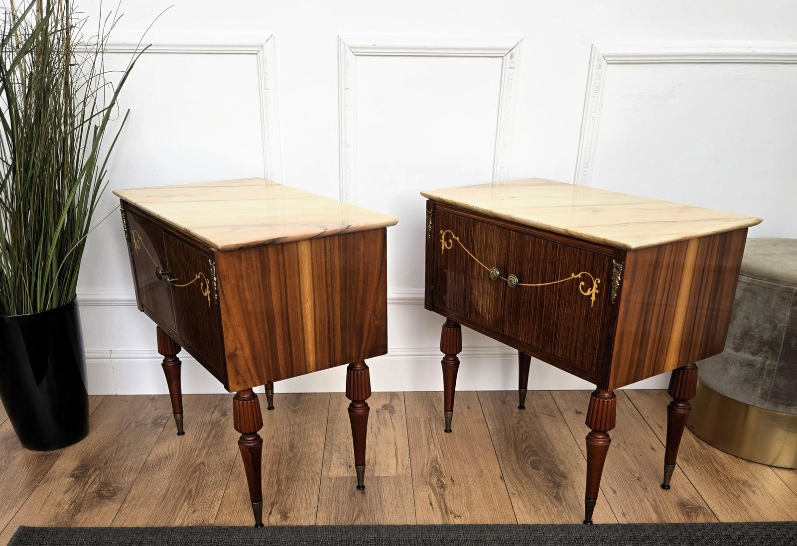 photo furniture Pair Of Italian Art Deco Burl Veneer Wood Marble Top Night Stands Bedside Tables