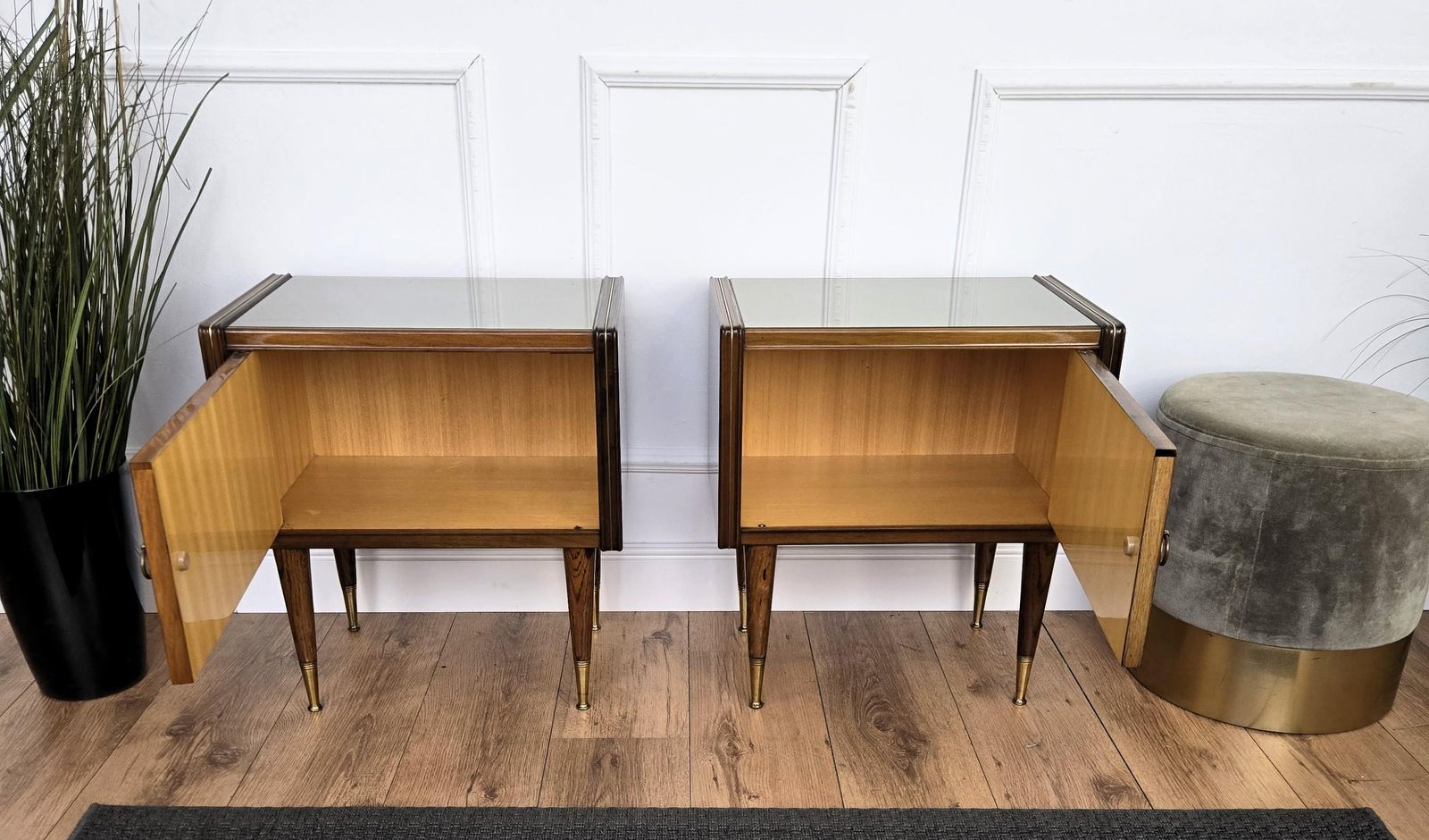 Pair Of Mid Century Italian Art Deco Nightstands Bedside Tables Walnut Glass Top photo vinterior