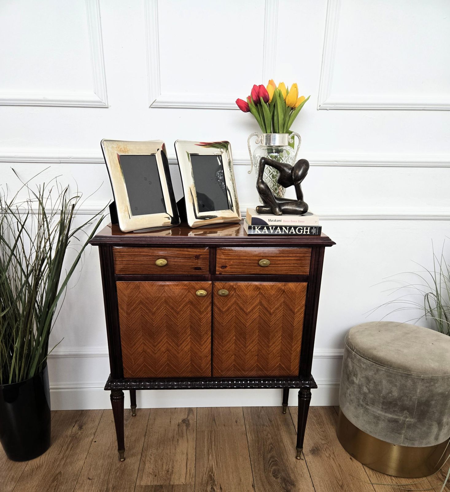 1960s Mid Century Modern Mcm Italian Wood And Brass Entryway Console Cabinet photo furniture
