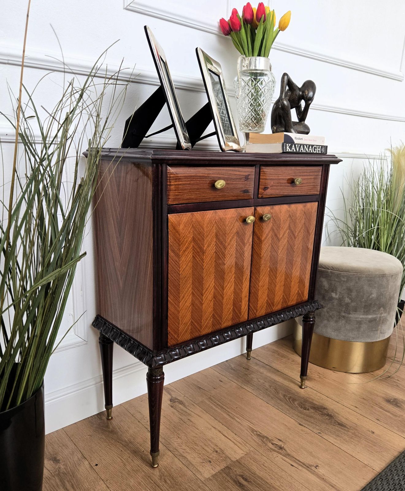 1960s Mid Century Modern Mcm Italian Wood And Brass Entryway Console Cabinet photo 1041.0