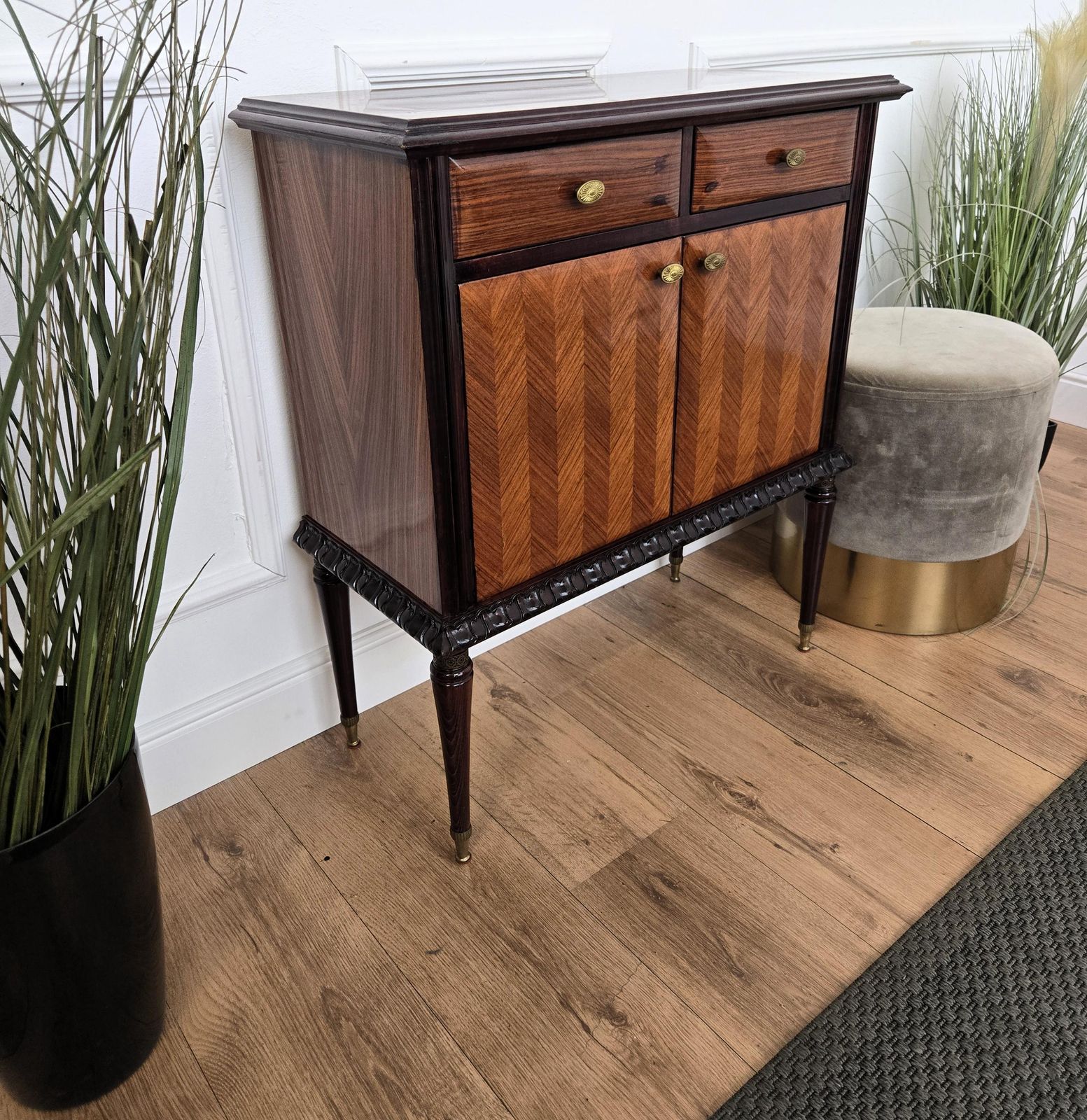1960s Mid Century Modern Mcm Italian Wood And Brass Entryway Console Cabinet photo vintage