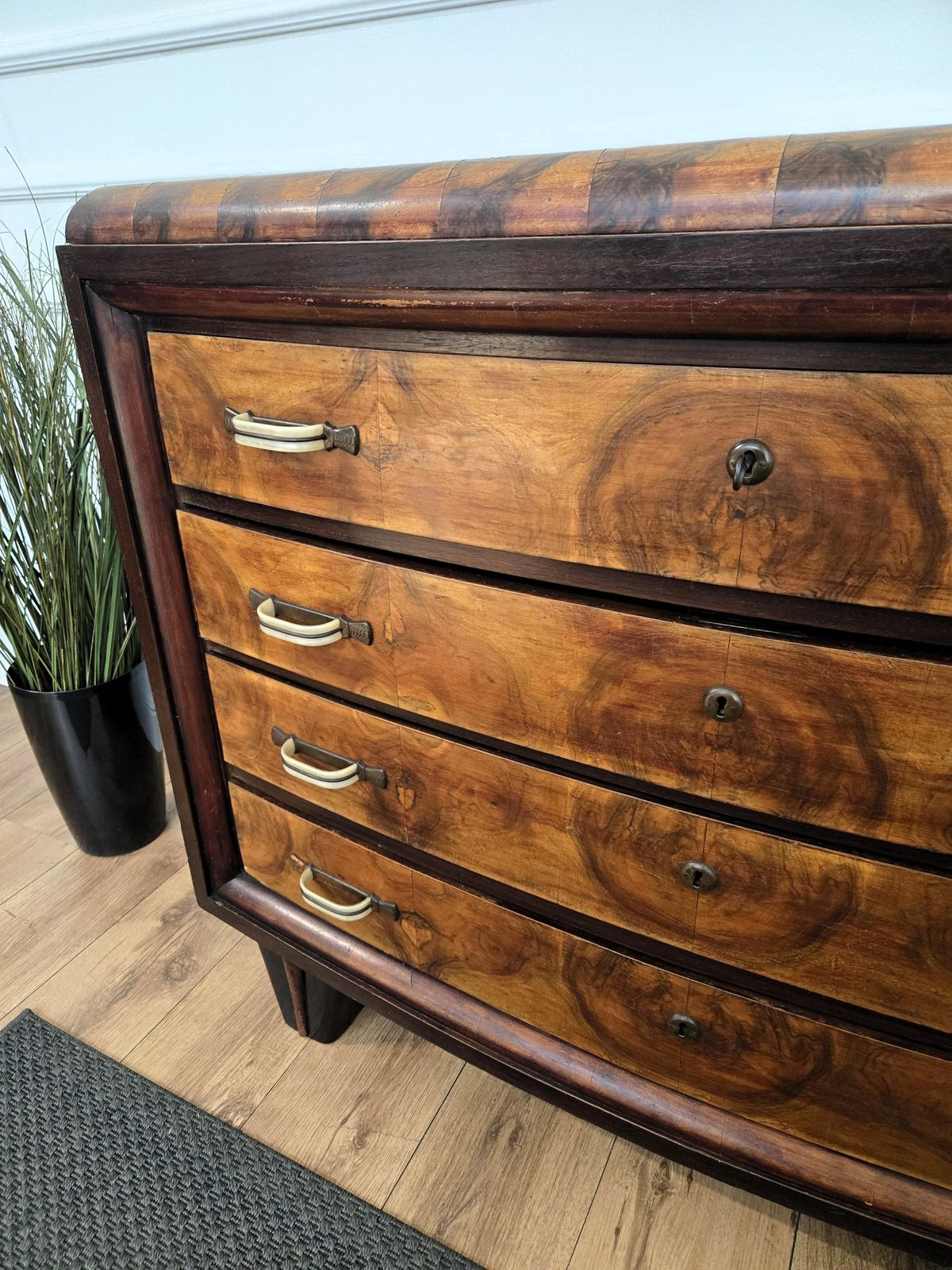 photo furniture 1940s Italian Art Deco Burl Wood Bronze Chest Of Drawers Credenza Sideboard