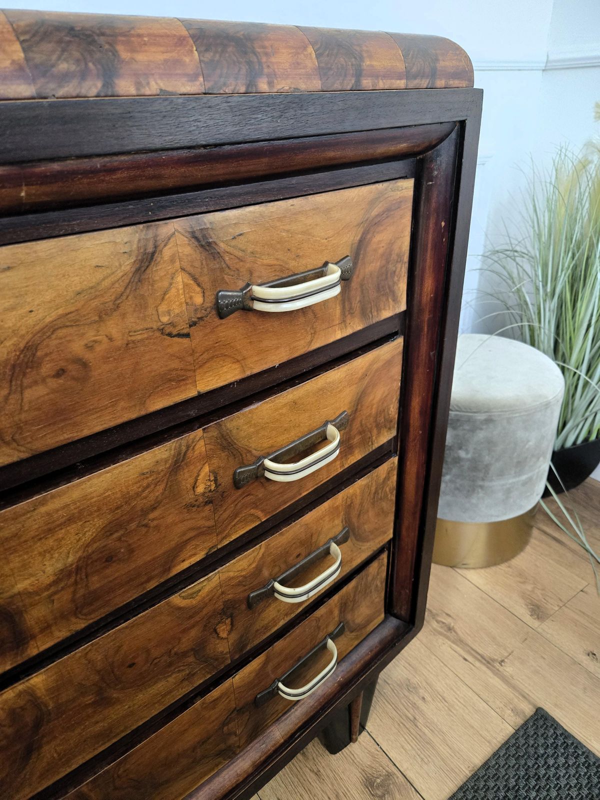 photo for sale 1940s Italian Art Deco Burl Wood Bronze Chest Of Drawers Credenza Sideboard