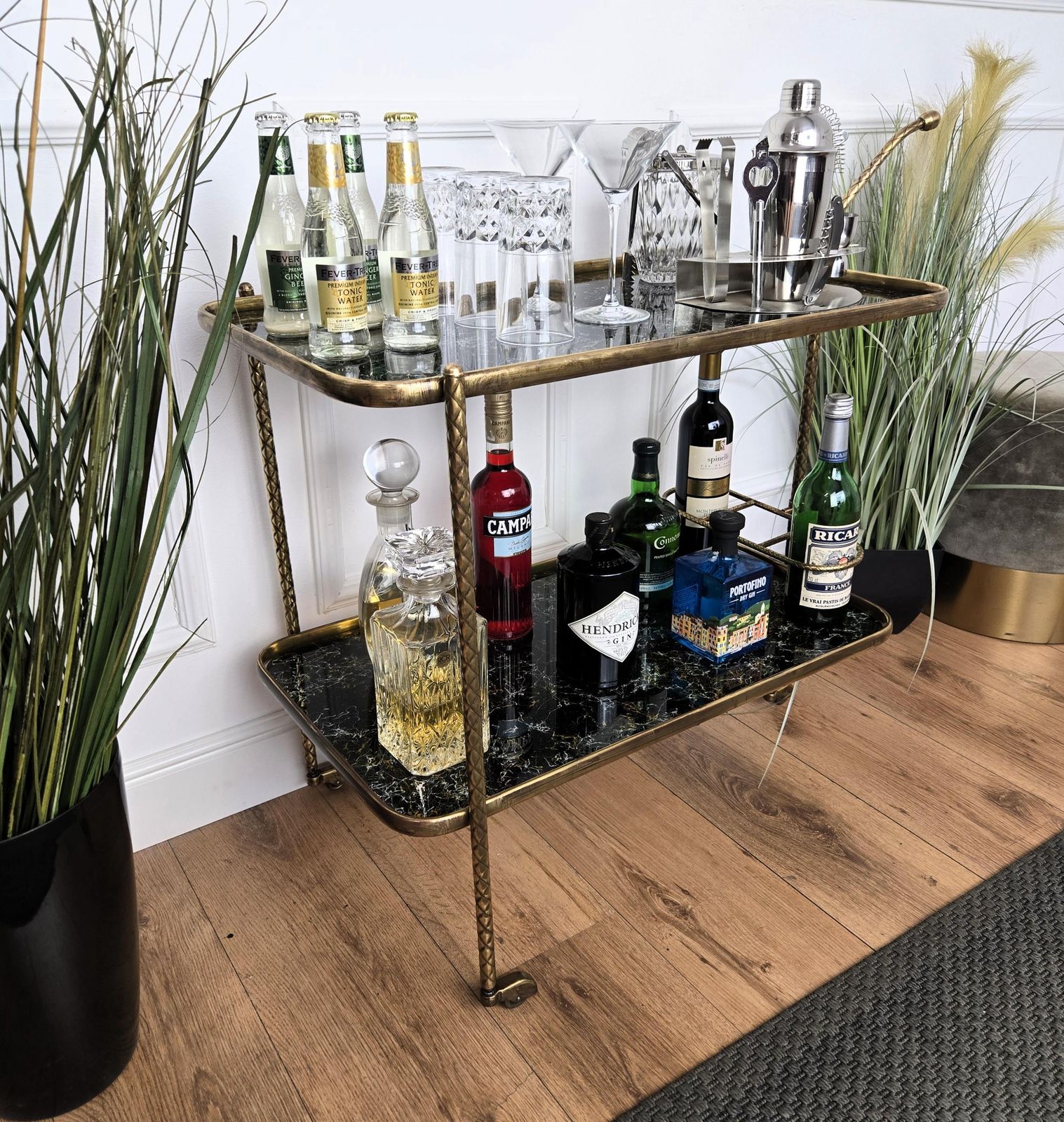 Art Deco Italian Two Tier Gilt Brass And Marble Glass Bar Cart photo Home Decor