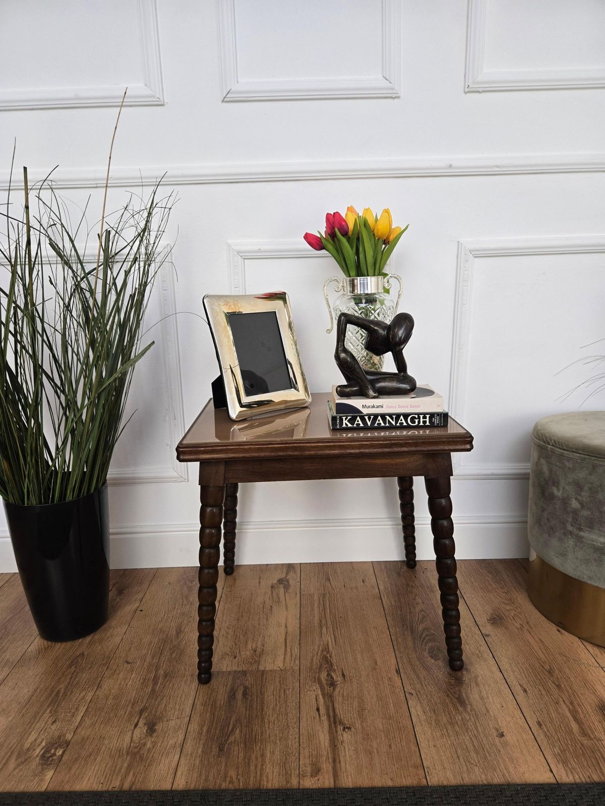 Mid Century Italian Walnut Side Coffee Table With Bobbin Turned Legs Glass Top photo 885.0