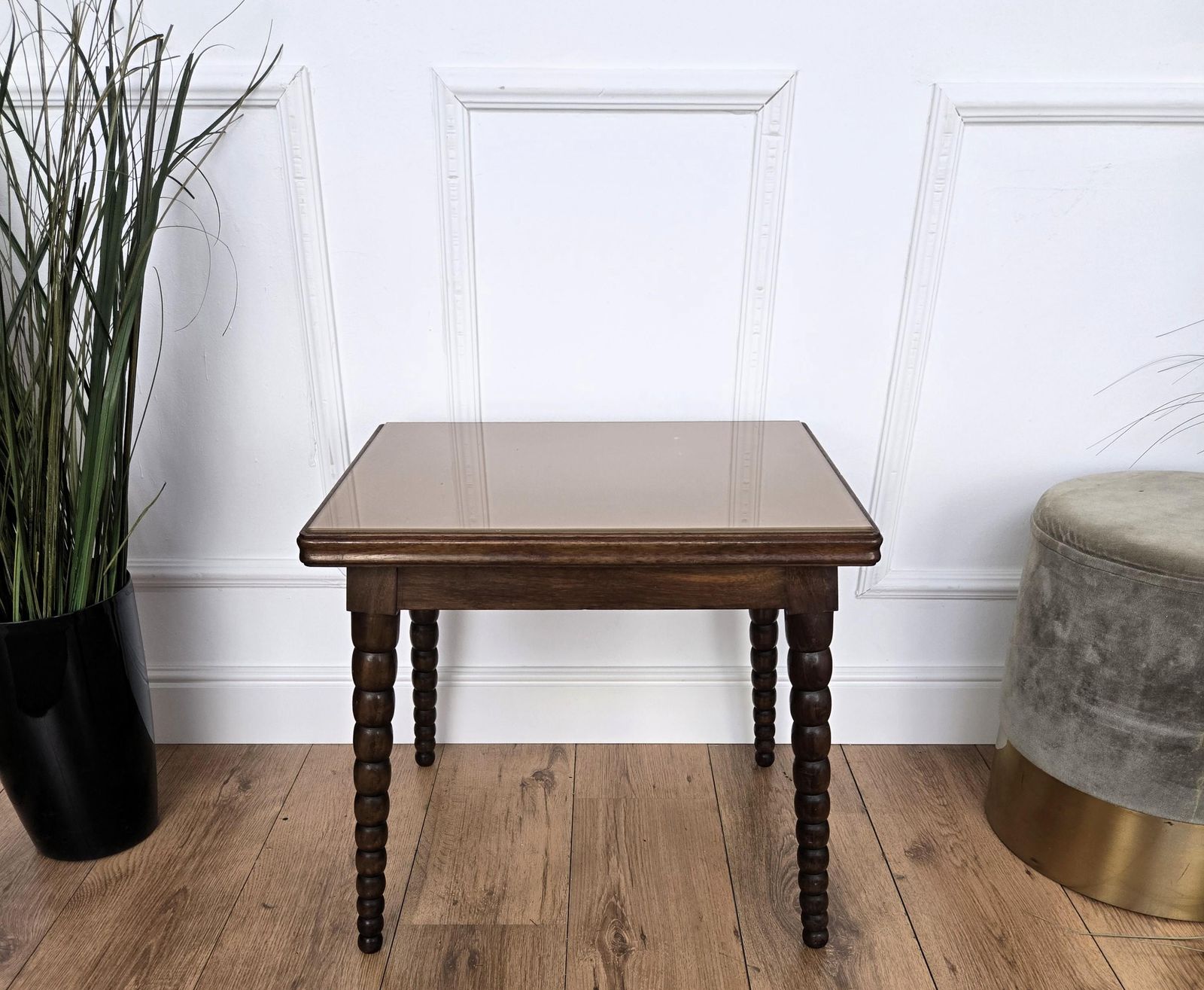 photo furniture Mid Century Italian Walnut Side Coffee Table With Bobbin Turned Legs Glass Top