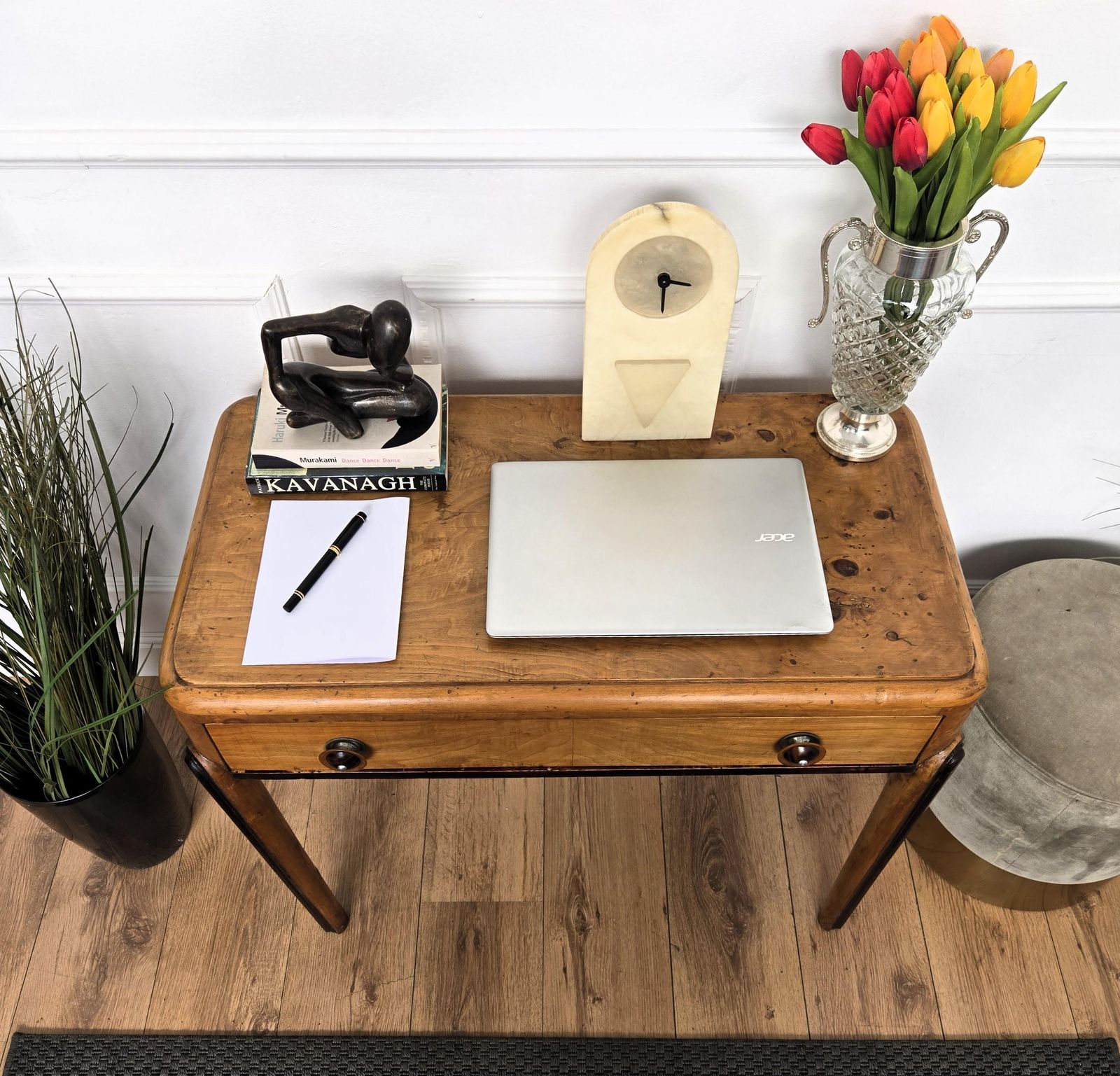 1950s Art Deco Mid Century Italian Walnut Root Burl Writing Desk Table photo vinterior