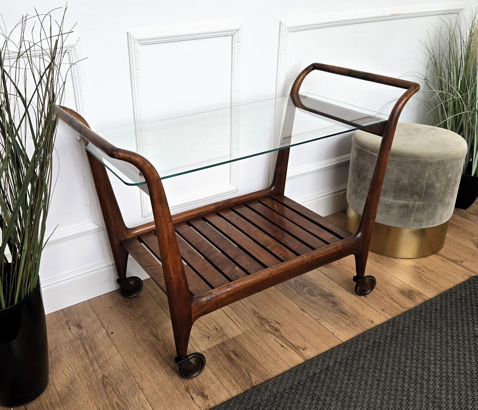 photo for sale 1950s Art Deco Mid Century Italian Wood And Brass Dry Bar Cabinet Liquor Cart