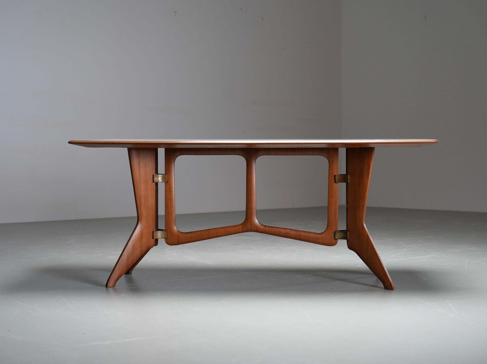 Ariberto Colombo Dining Room Table In Walnut, Glass And Brass, Italy, 1950's photo vinterior