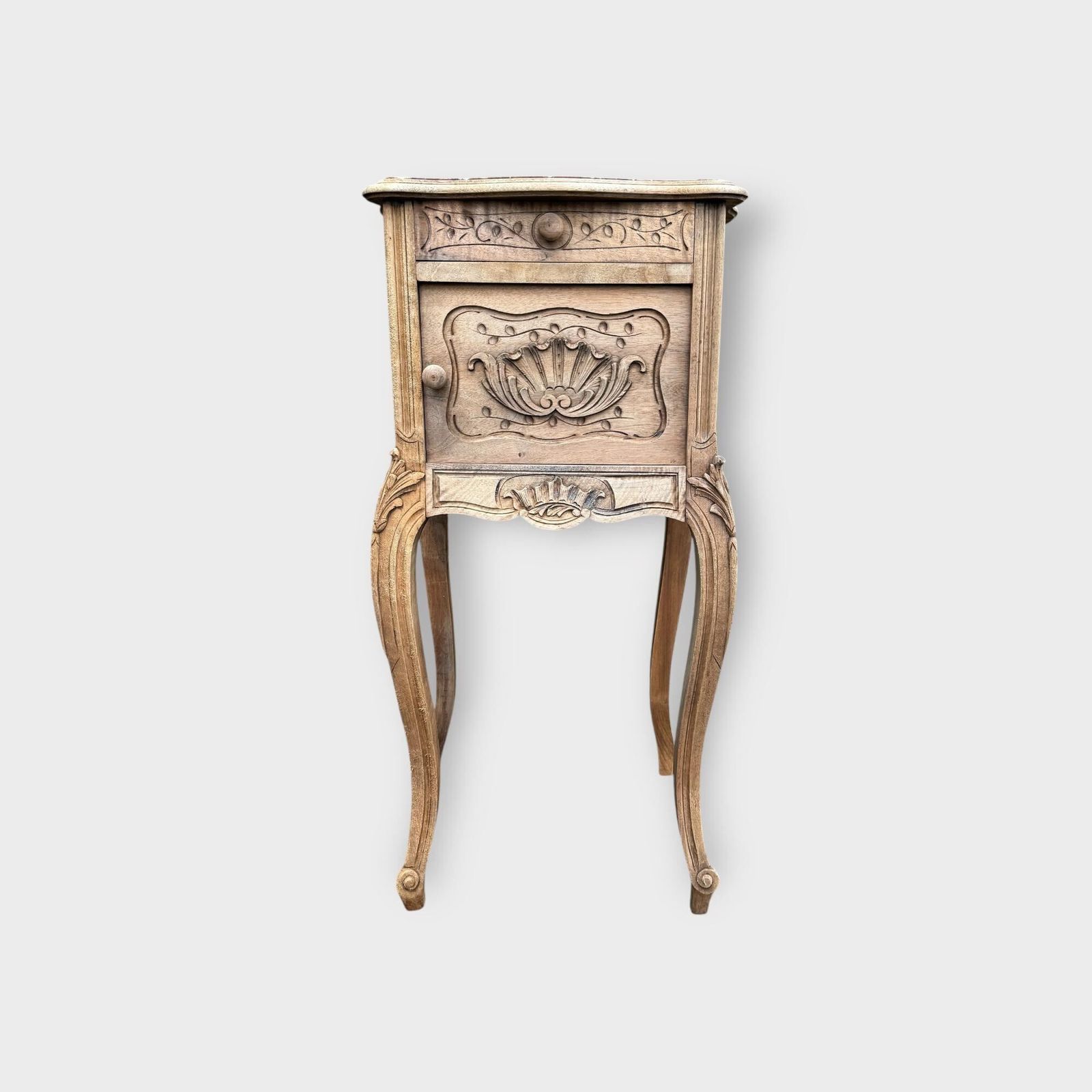 Antique French Stripped Oak Ornate Bedside Table With Marble Inlay Large French Pot Cupboard With Marble Top photo furniture