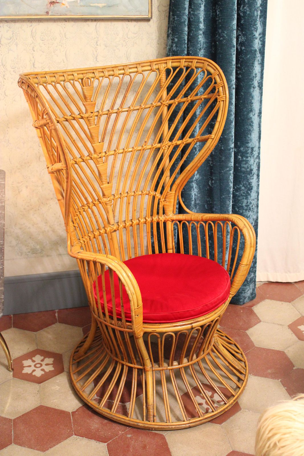 Italian Bamboo Armchair From 1950s Lio Carminati Red Velvet Cushion photo furniture