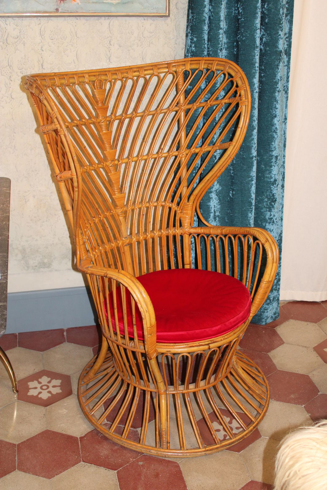 Italian Bamboo Armchair From 1950s Lio Carminati Red Velvet Cushion photo for sale