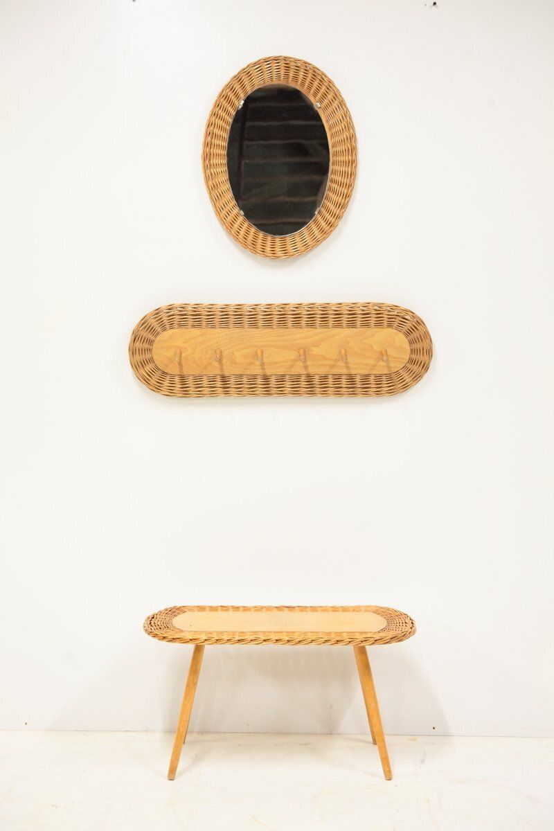 Mid Century Wicker Set Of Stool, Mirror And Coat Hanger, Former Czechoslovakia, 1970s, Set Of 3