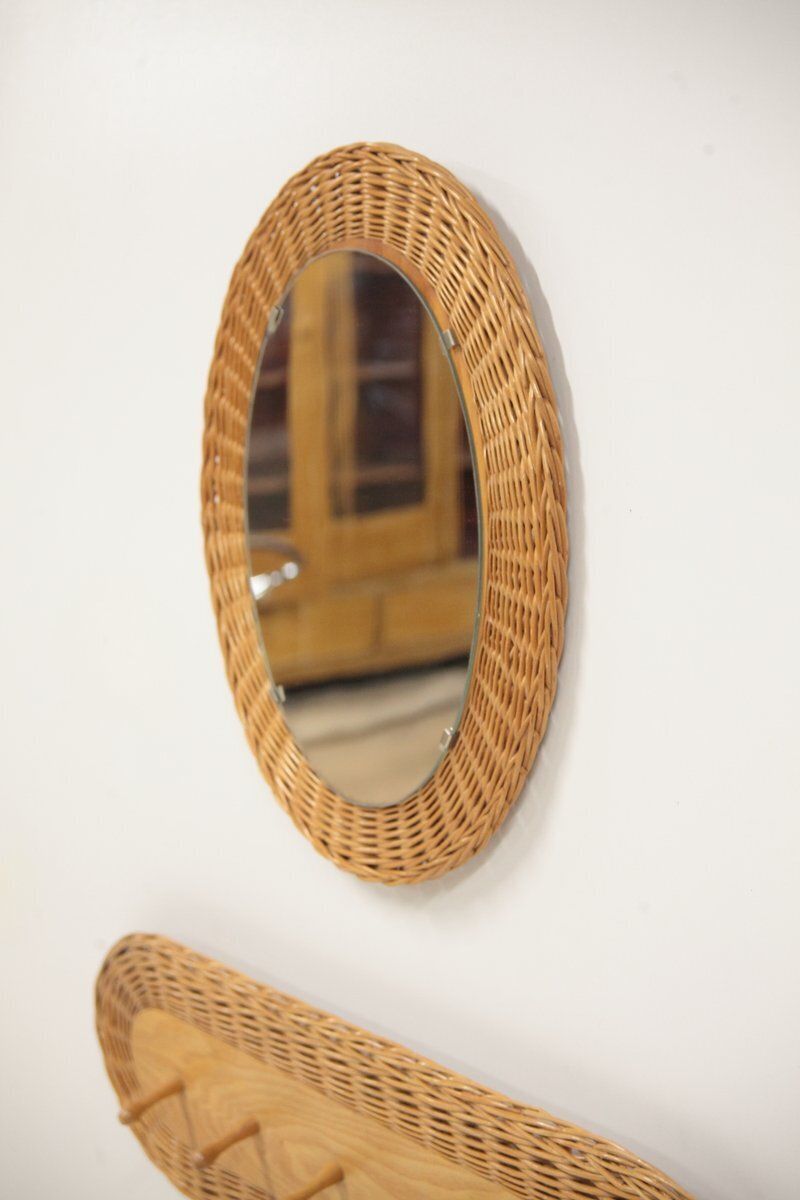 Mid Century Wicker Set Of Stool, Mirror And Coat Hanger, Former Czechoslovakia, 1970s, Set Of 3 photo Furniture