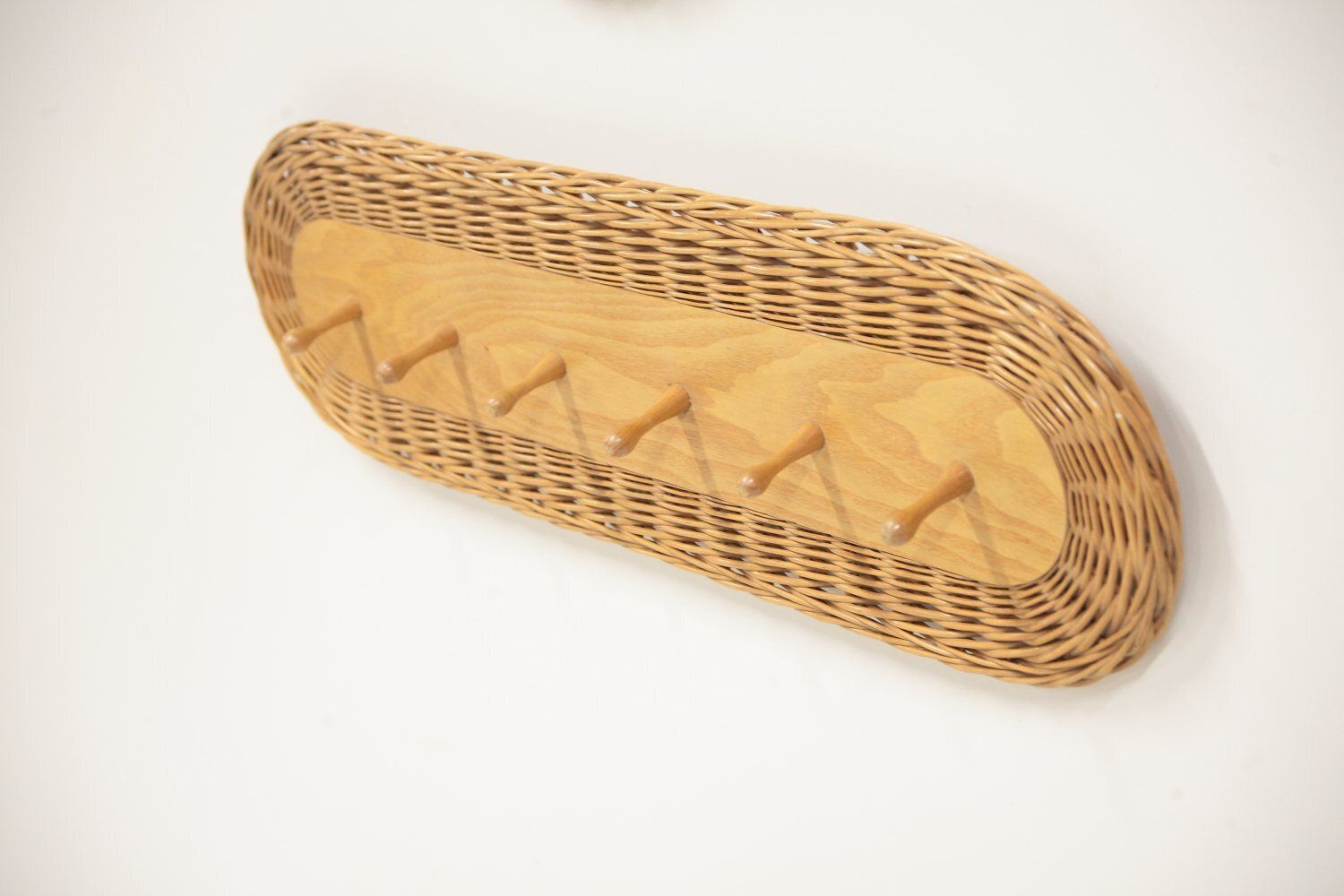 Mid Century Wicker Set Of Stool, Mirror And Coat Hanger, Former Czechoslovakia, 1970s, Set Of 3 photo vinterior