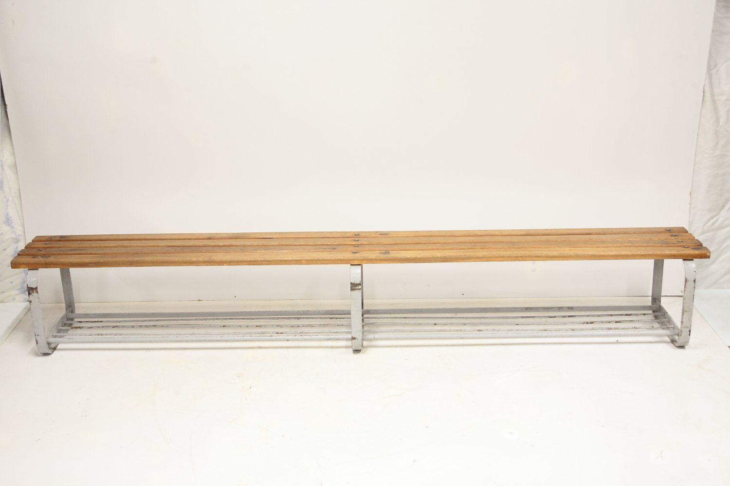 Industrial Oak And Steel Bench, 1980s photo for sale
