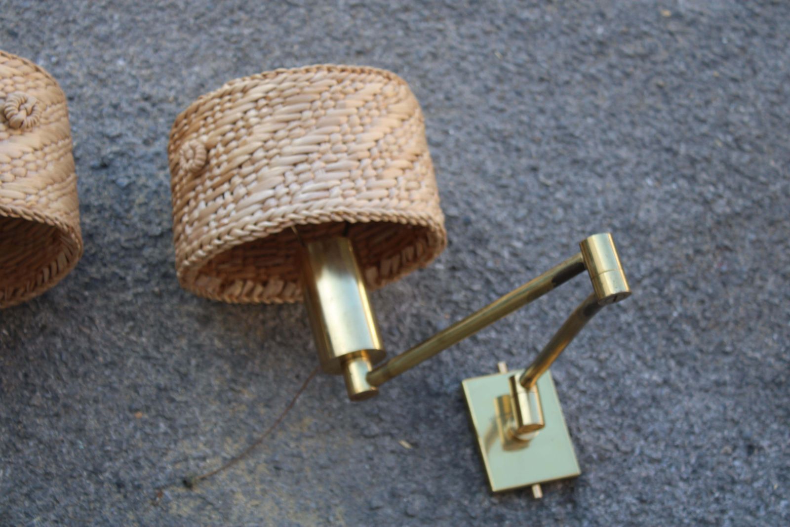 Pair Of Bedside Lamps In Brass And Straw Italy 1970s Directional photo for sale