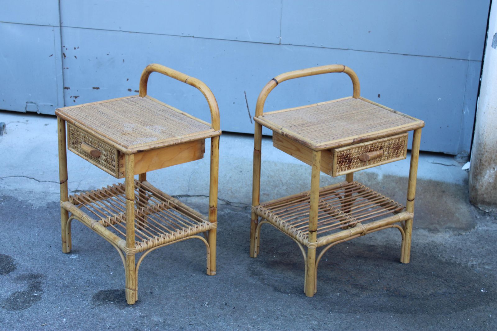 Furniture Pair Of Italian Bamboo Nightstands With Drawer And Shelf 1970 photo