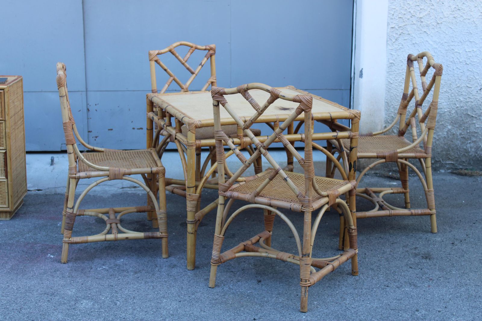 Square Dining Table With Chairs In Bamboo Southern Nurseries 1970s photo furniture