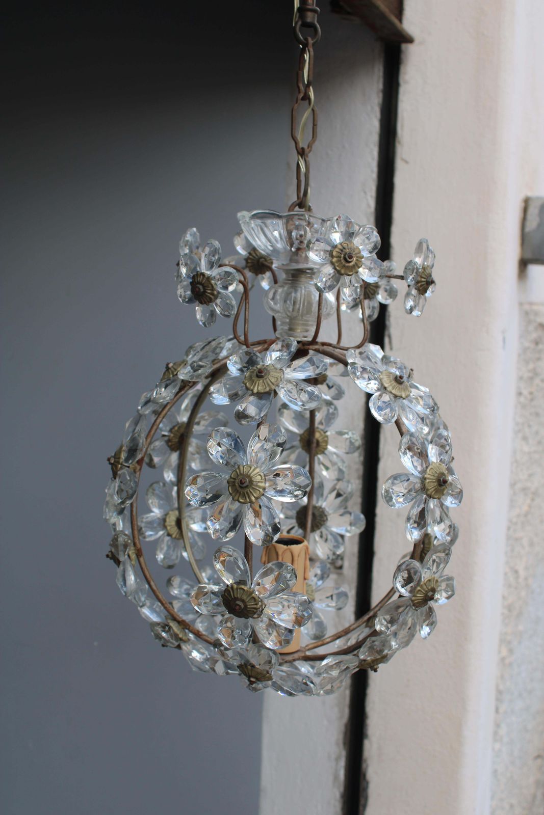 Ball Pendant Chandelier With Crystals France 1950s photo Lighting