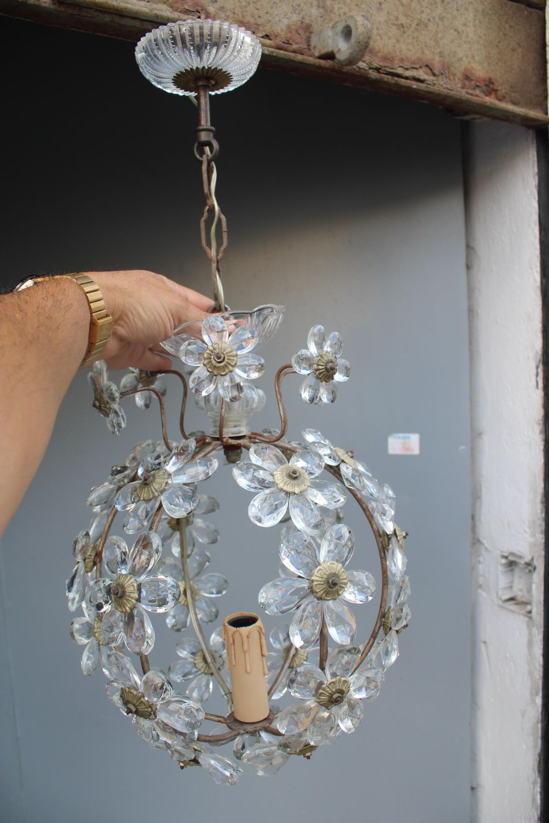 photo vintage Ball Pendant Chandelier With Crystals France 1950s