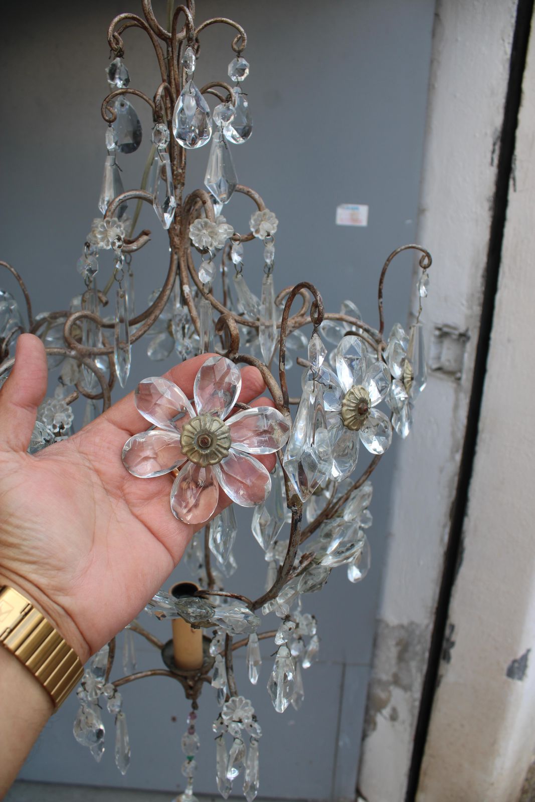 photo furniture Decorative French Metal And Crystal Laterna 1950 Made In France