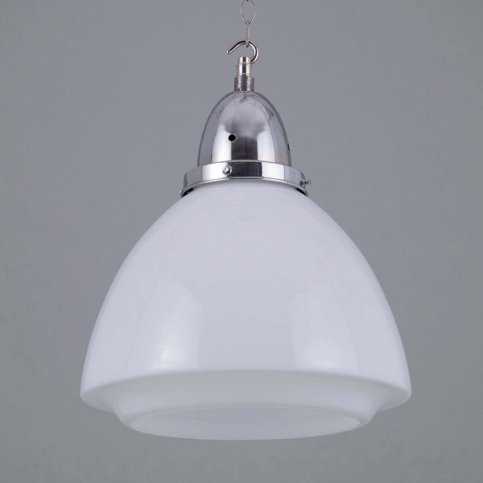 1930s German Art Deco Opaline Pendant Light With Original Chrome Gallery photo for sale
