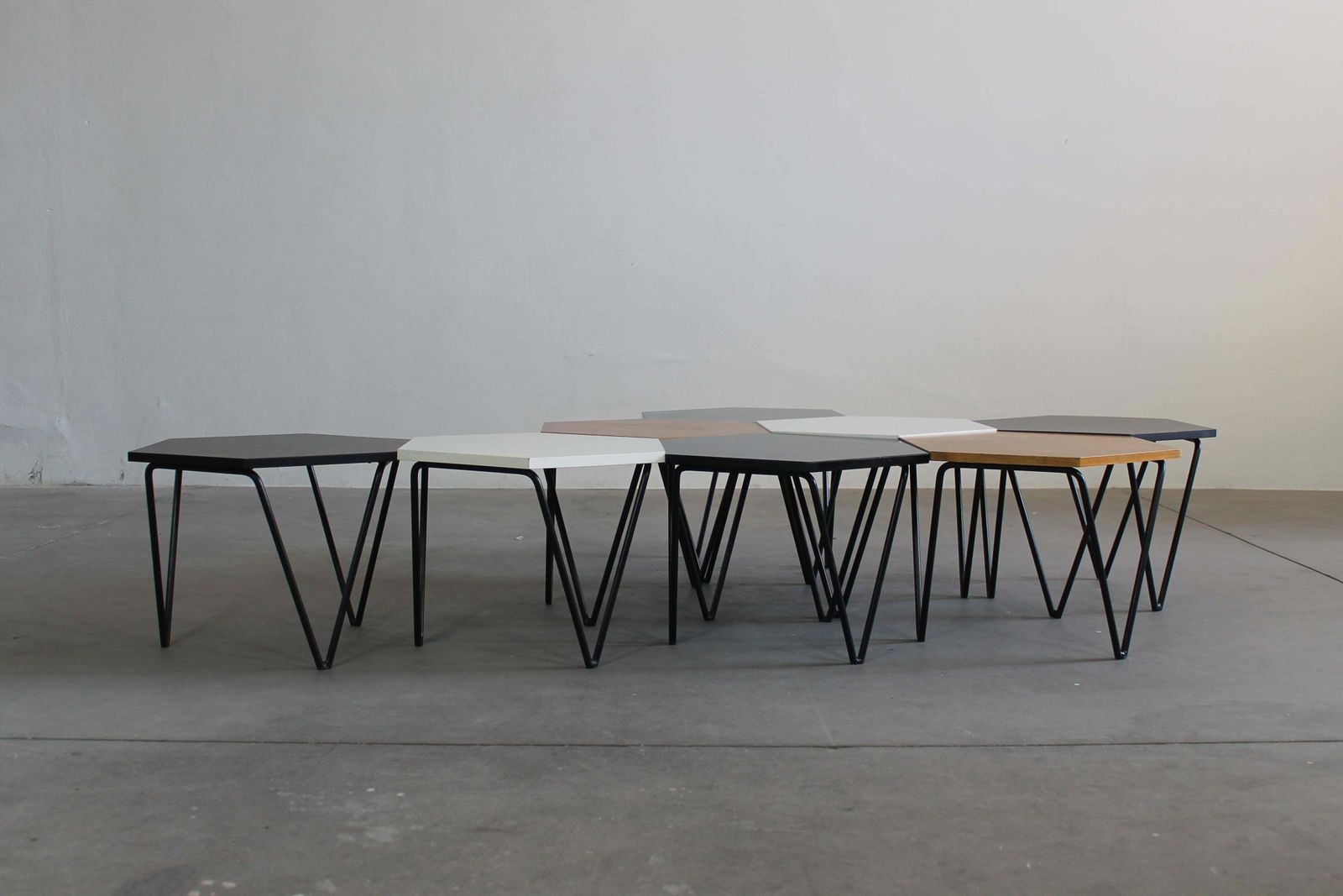 Gio Ponti Set Of Eight Hexagonal Coffee Tables In Wood And Metal I.S.A. 1950s photo Furniture