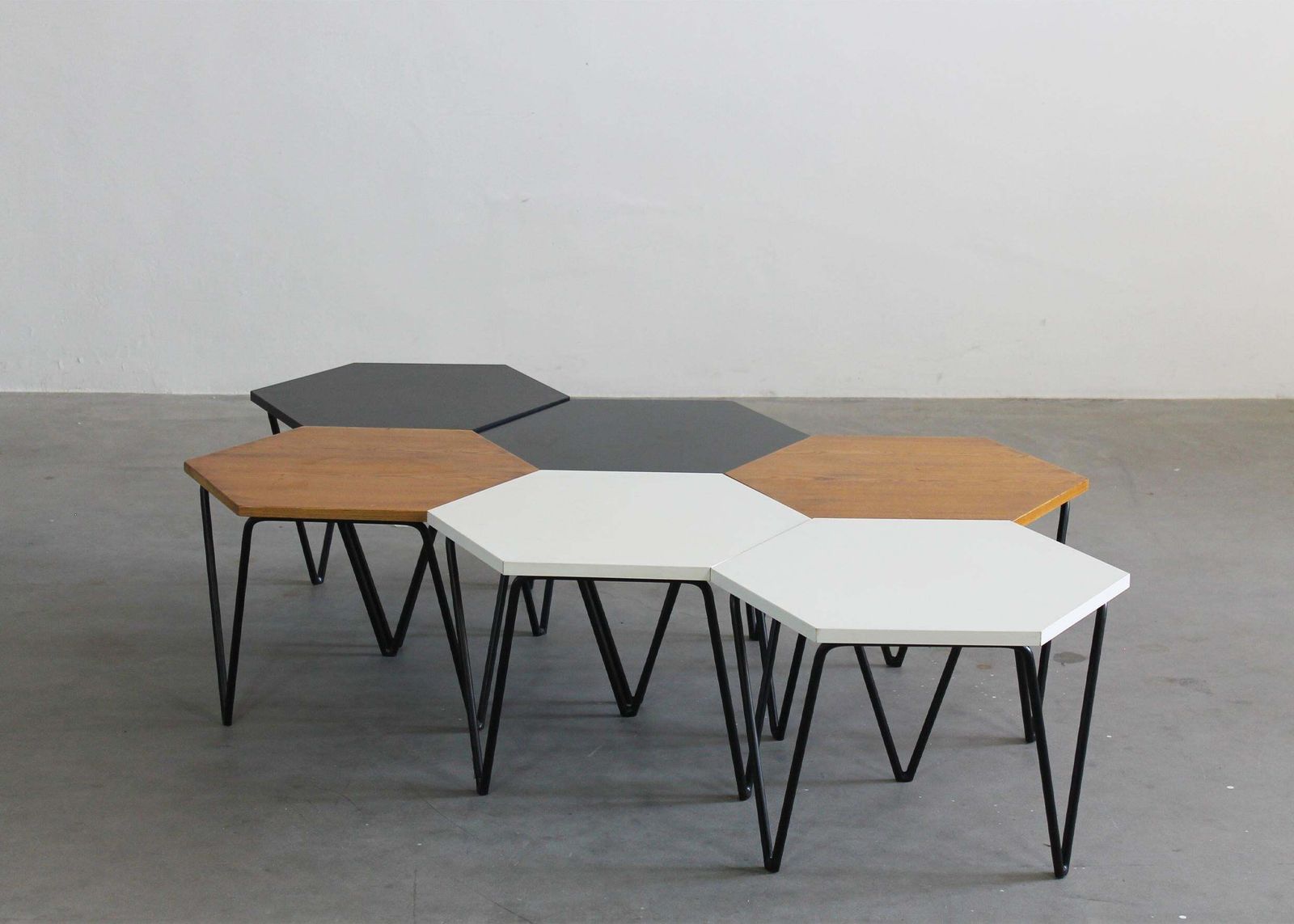 Gio Ponti Set Of Six Hexagonal Coffee Tables In Wood And Metal I.S.A. 1950s photo furniture