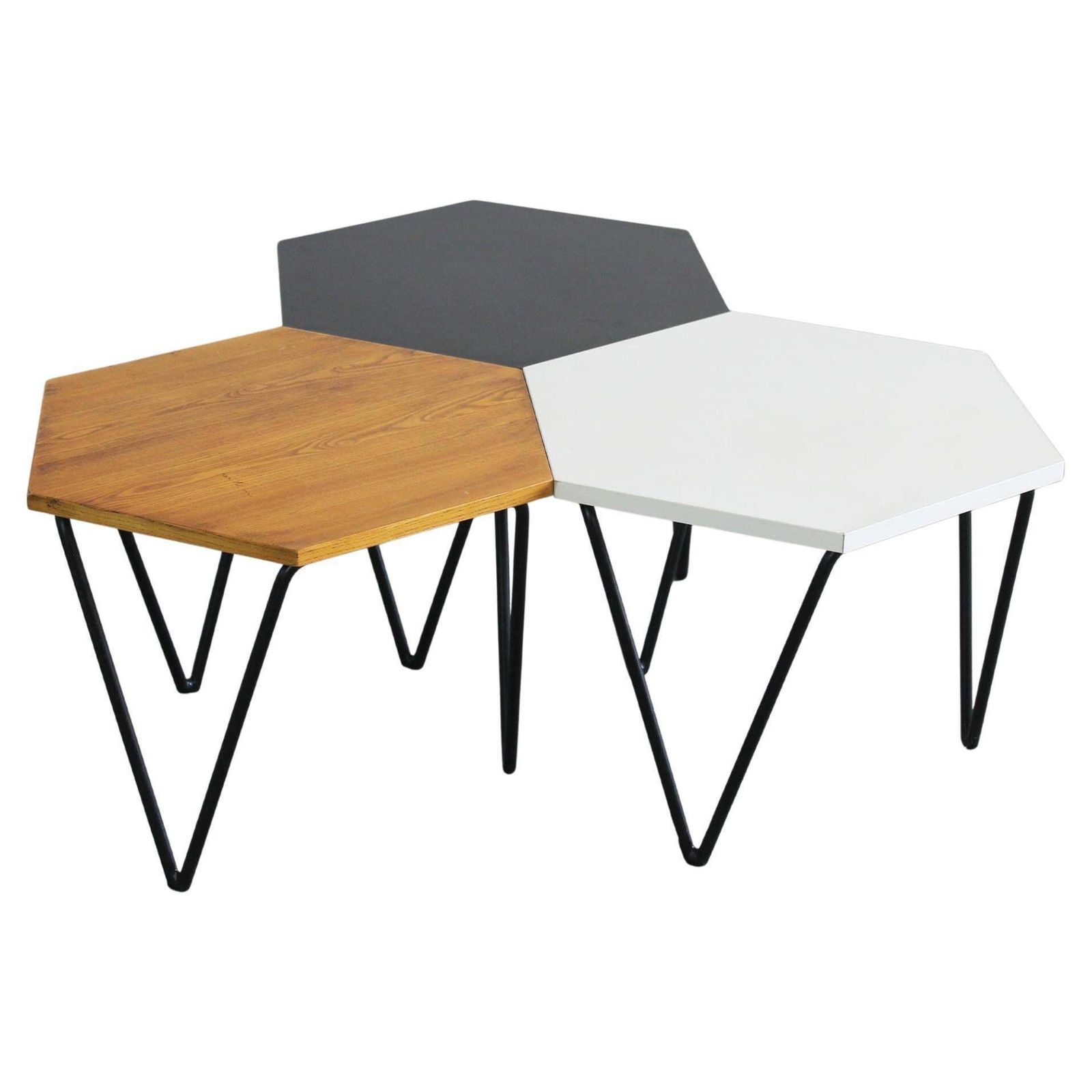 Gio Ponti Set Of Three Hexagonal Coffee Tables In Wood And Metal I.S.A. 1950s